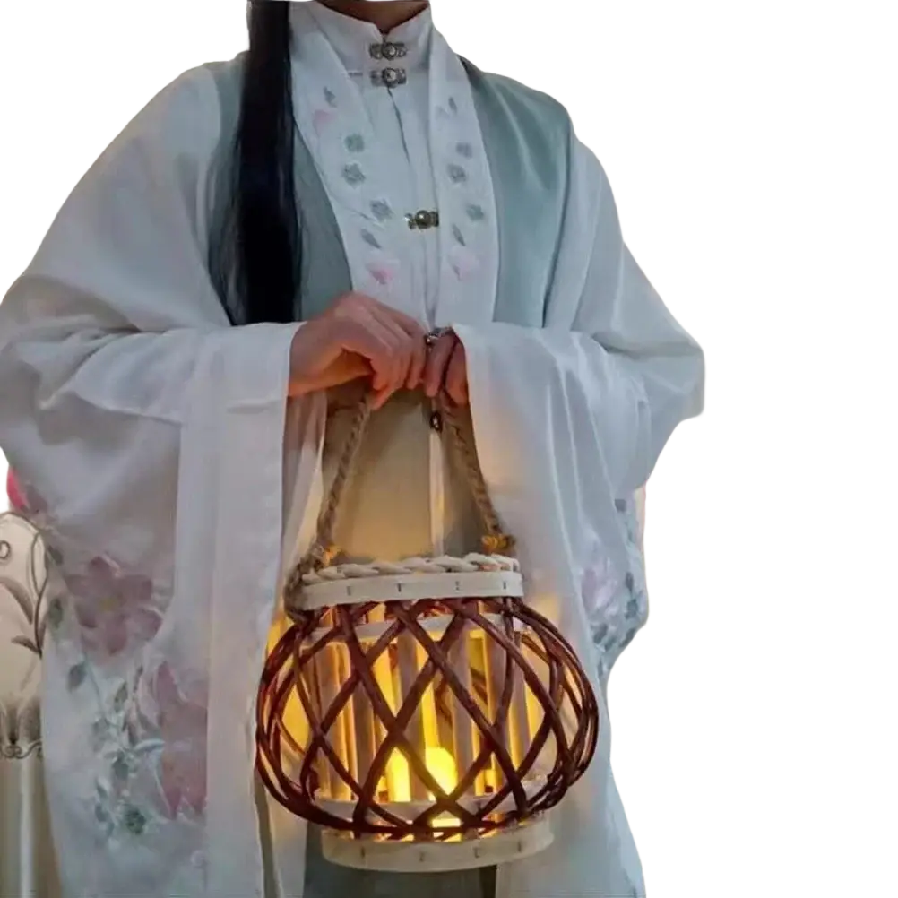 A warm glowing bamboo woven candle holder with wicker frame and rope handle for elegant home decoration and positive feedback