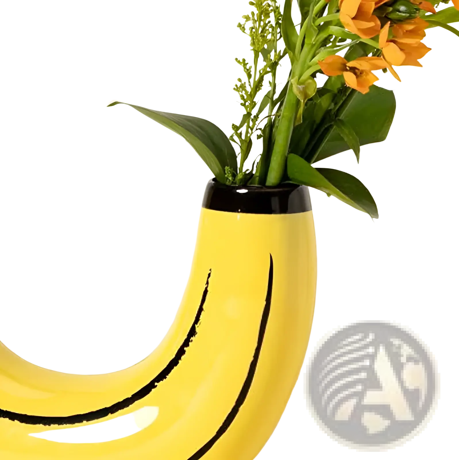 A bright yellow ceramic banana shaped vase with black curved lines holding orange flowers and green stems