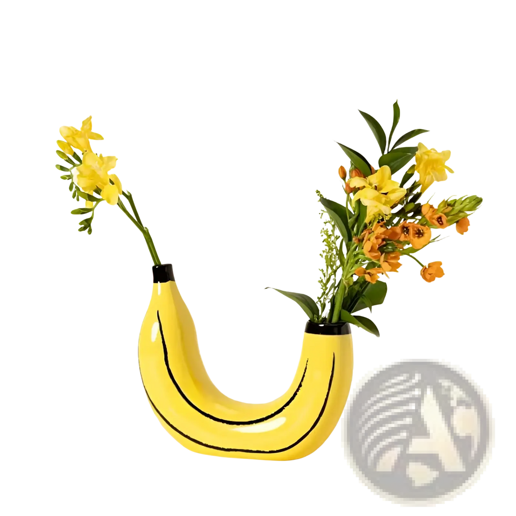 Bright yellow banana ceramic vase with black curved lines and glossy finish for fruit shaped home decor