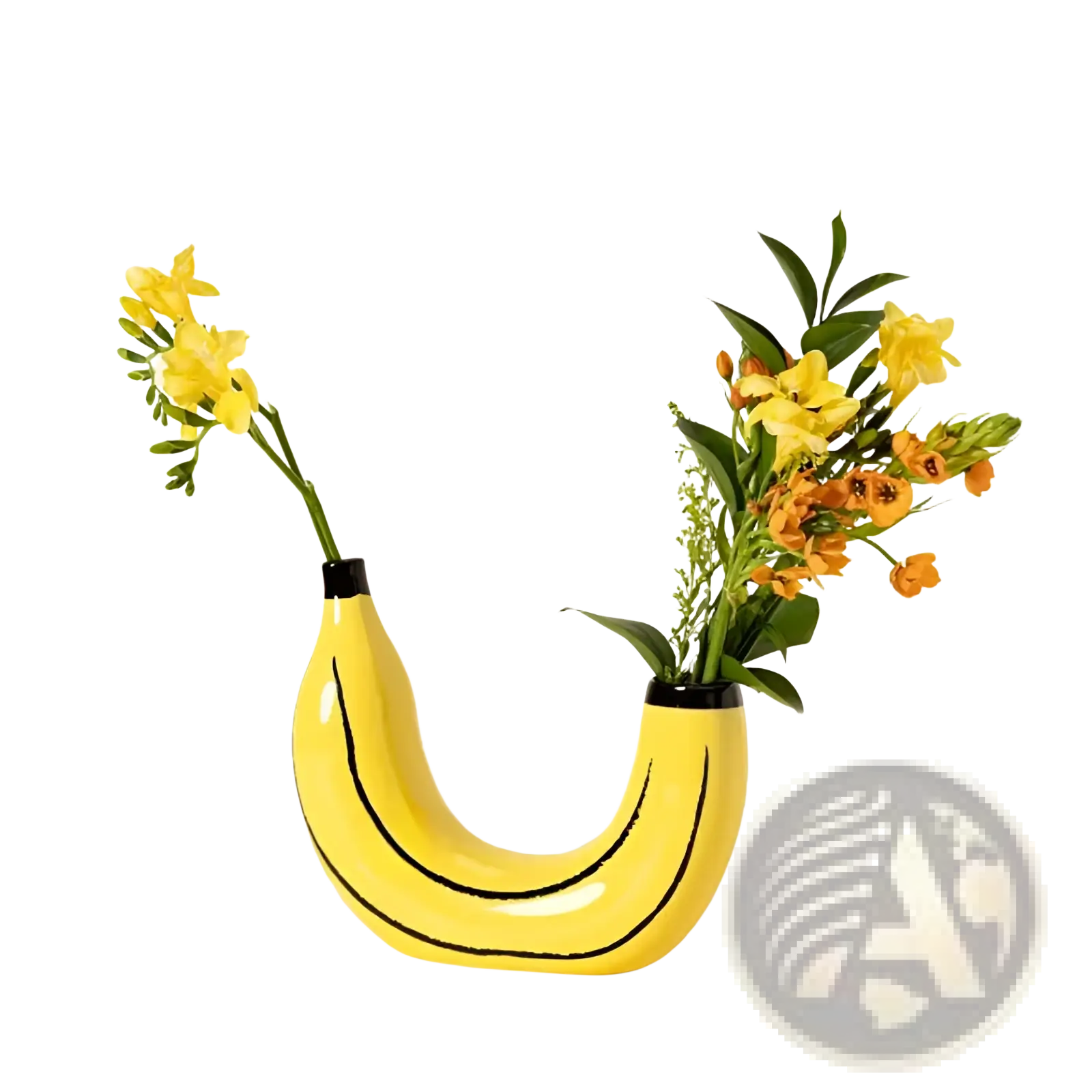 Bright yellow banana ceramic vase with black curved lines and glossy finish for fruit shaped home decor