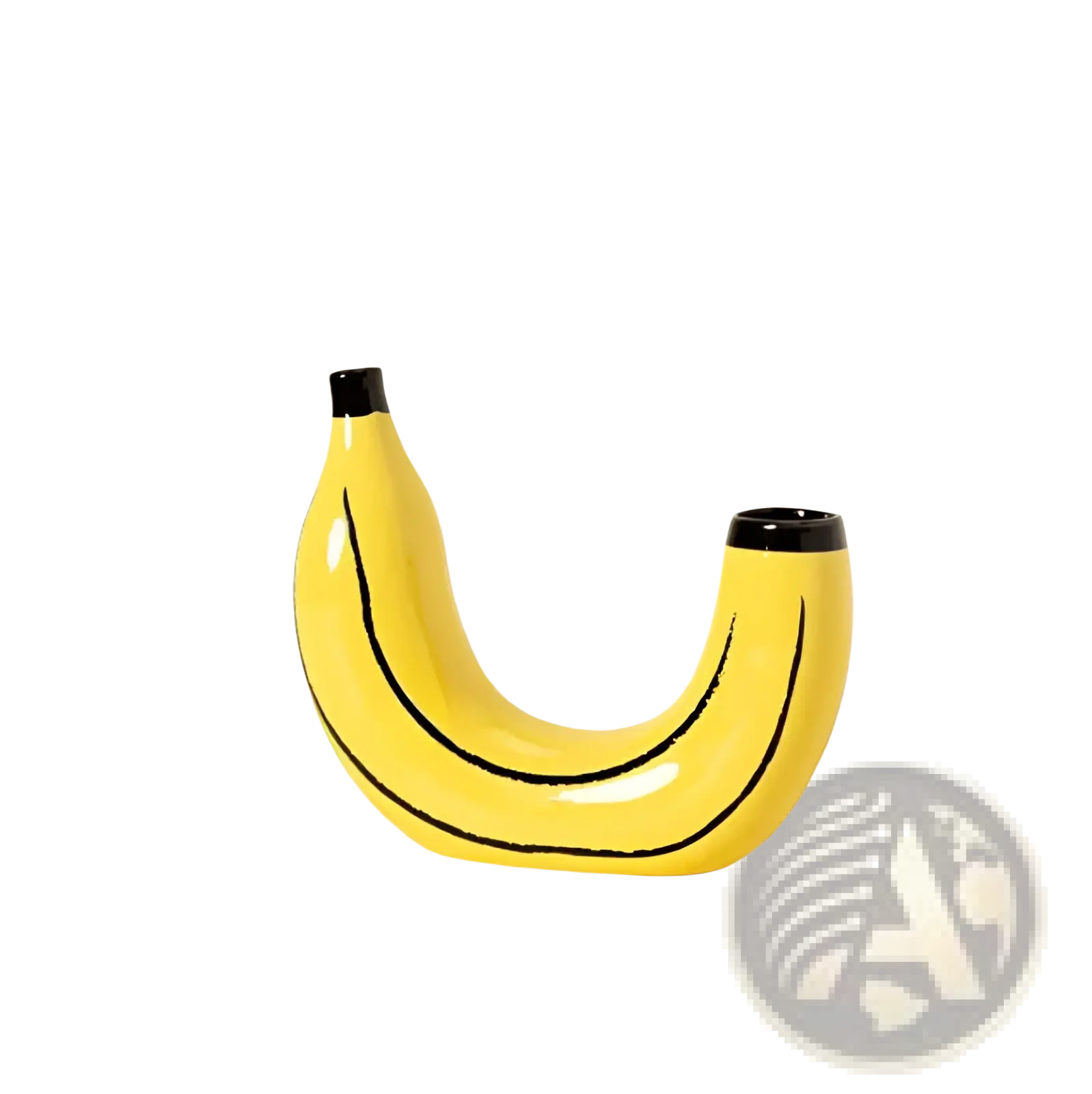A glossy yellow ceramic banana-shaped vase with black painted lines and ends for home decor