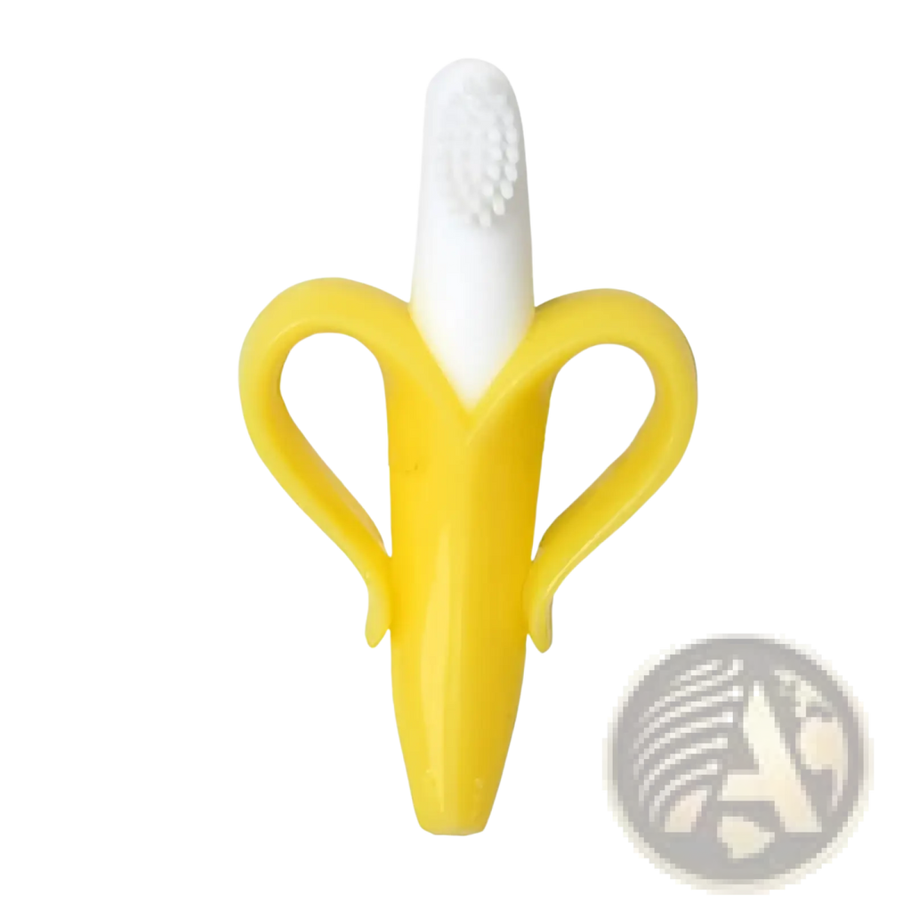 Yellow banana-shaped silicone teether baby toothbrush toy with a white brush head for infant oral care