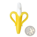 Yellow banana-shaped silicone teether baby toothbrush toy with a white brush head for infant oral care