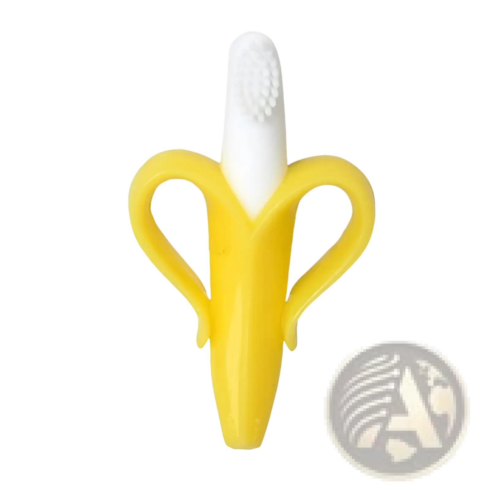 Yellow banana-shaped silicone teether baby toothbrush toy with a white brush head for infant oral care