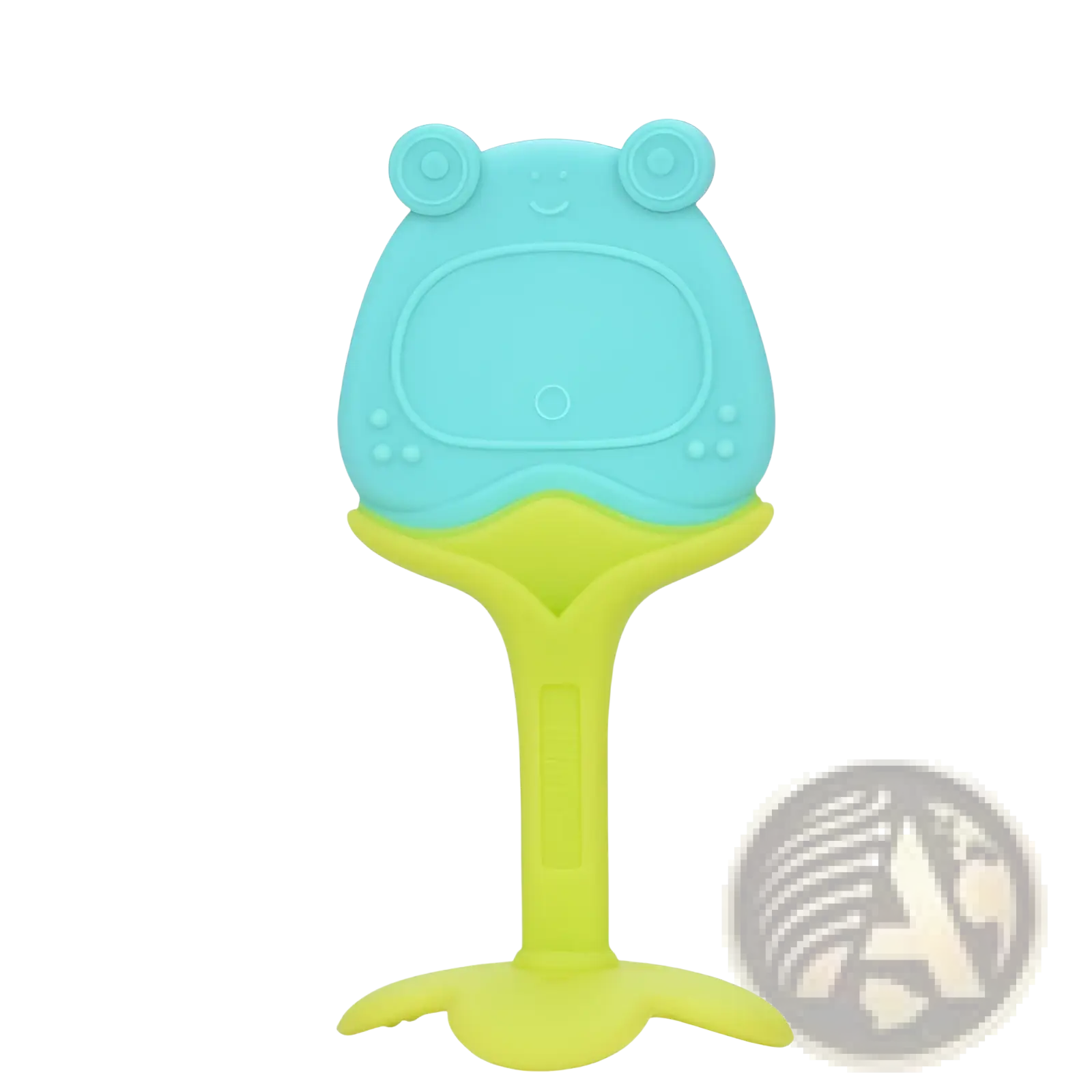 Turquoise and lime green silicone frog-shaped banana teether silicone baby toothbrush toy with textured surface for teeth grinding