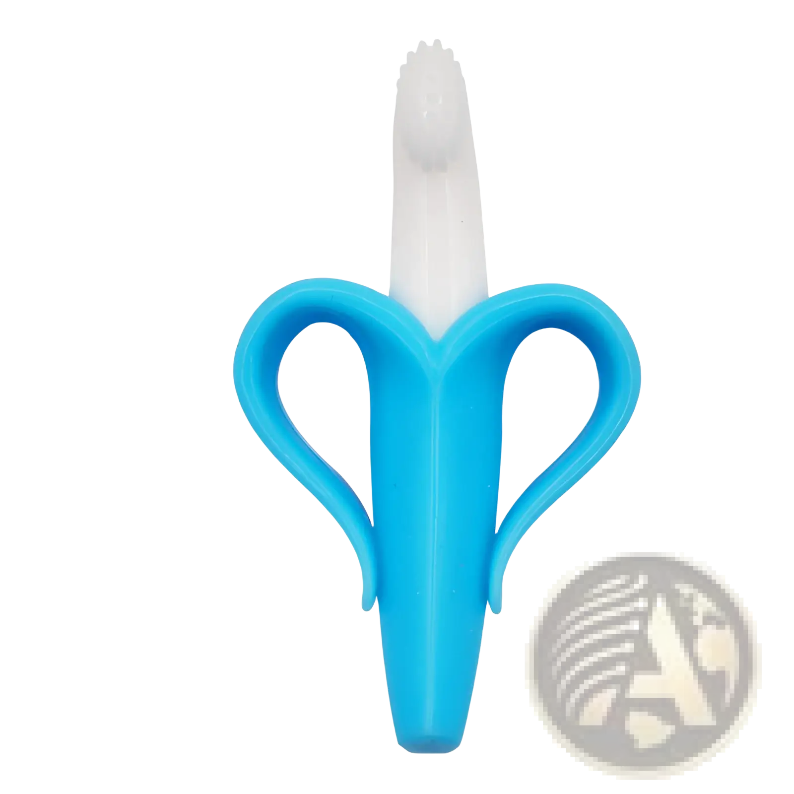 Blue silicone banana teether baby toothbrush toy with a white brush-like tip for soothing infants