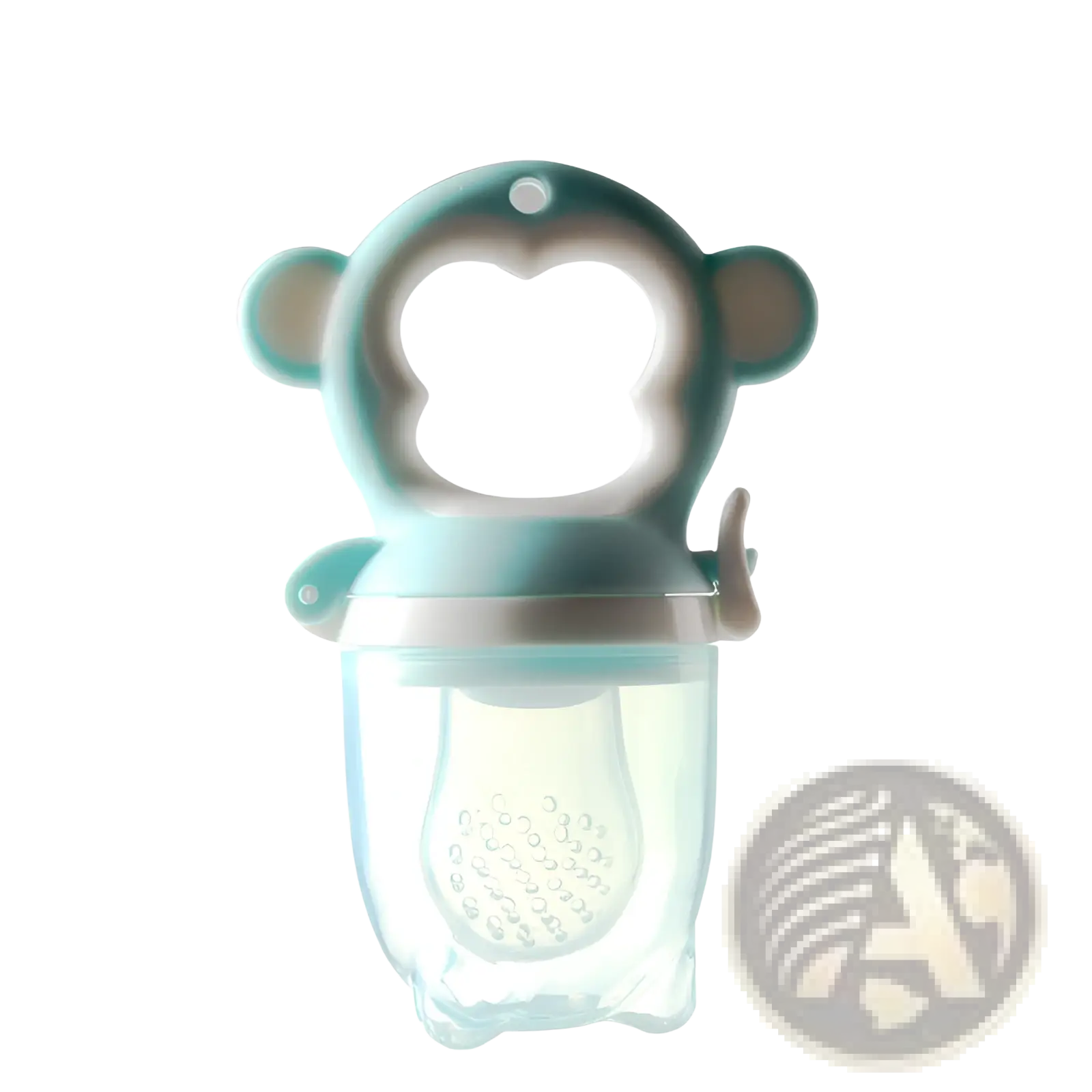 Teal silicone monkey-shaped baby food feeder with clear container and textured interior for banana teether toy use