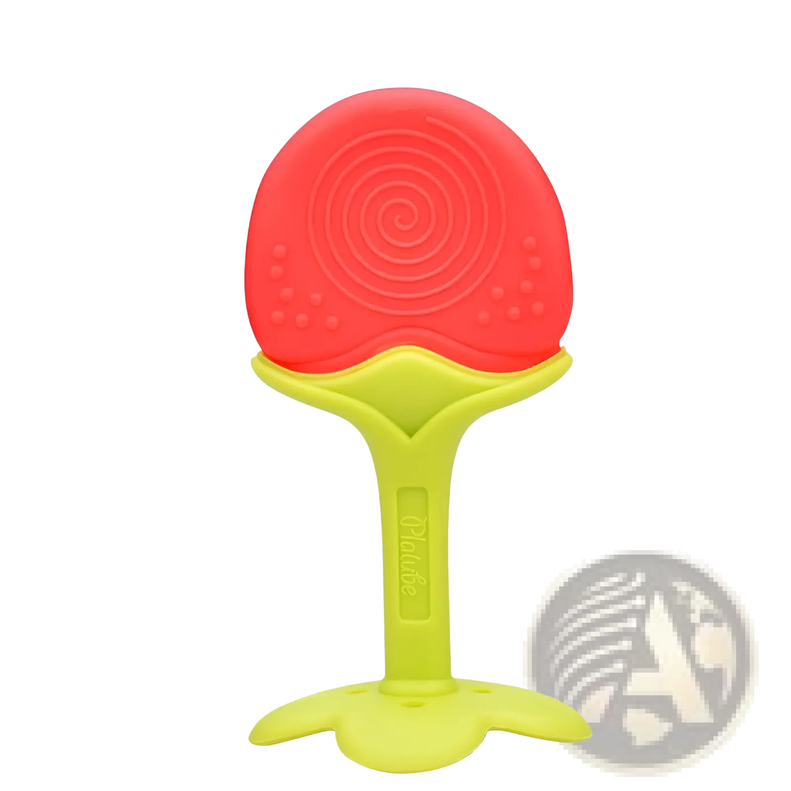 Bright red and lime green silicone banana teether baby toothbrush toy shaped like a flower with spiral texture on top