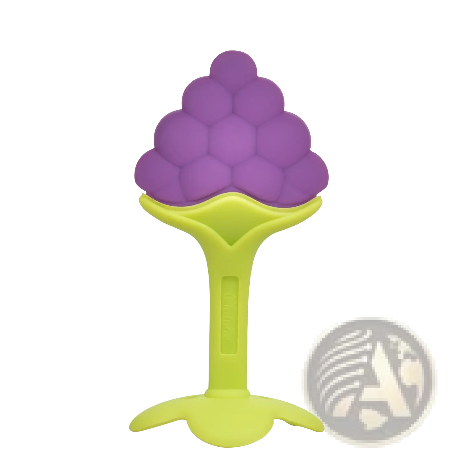 Purple grape-shaped silicone teether with lime green stem and base for baby tooth brushing and soothing gums
