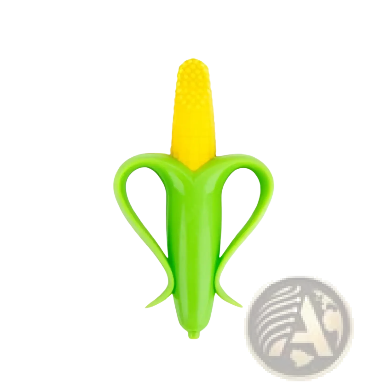 Bright green silicone banana teether baby toothbrush toy with yellow corn kernel top for infant gum soothing