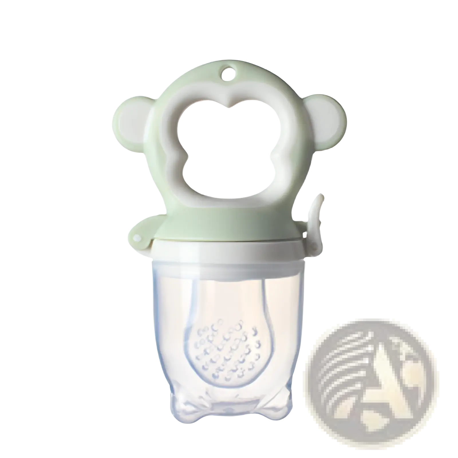 Banana teether silicone baby toothbrush toy in light green with textured silicone feeder and clear plastic container