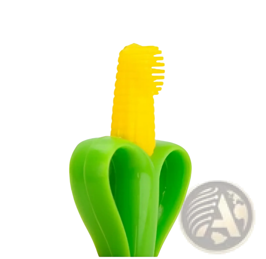 Bright yellow baby toothbrush with soft bristles in a green banana-shaped silicone holder for teething relief