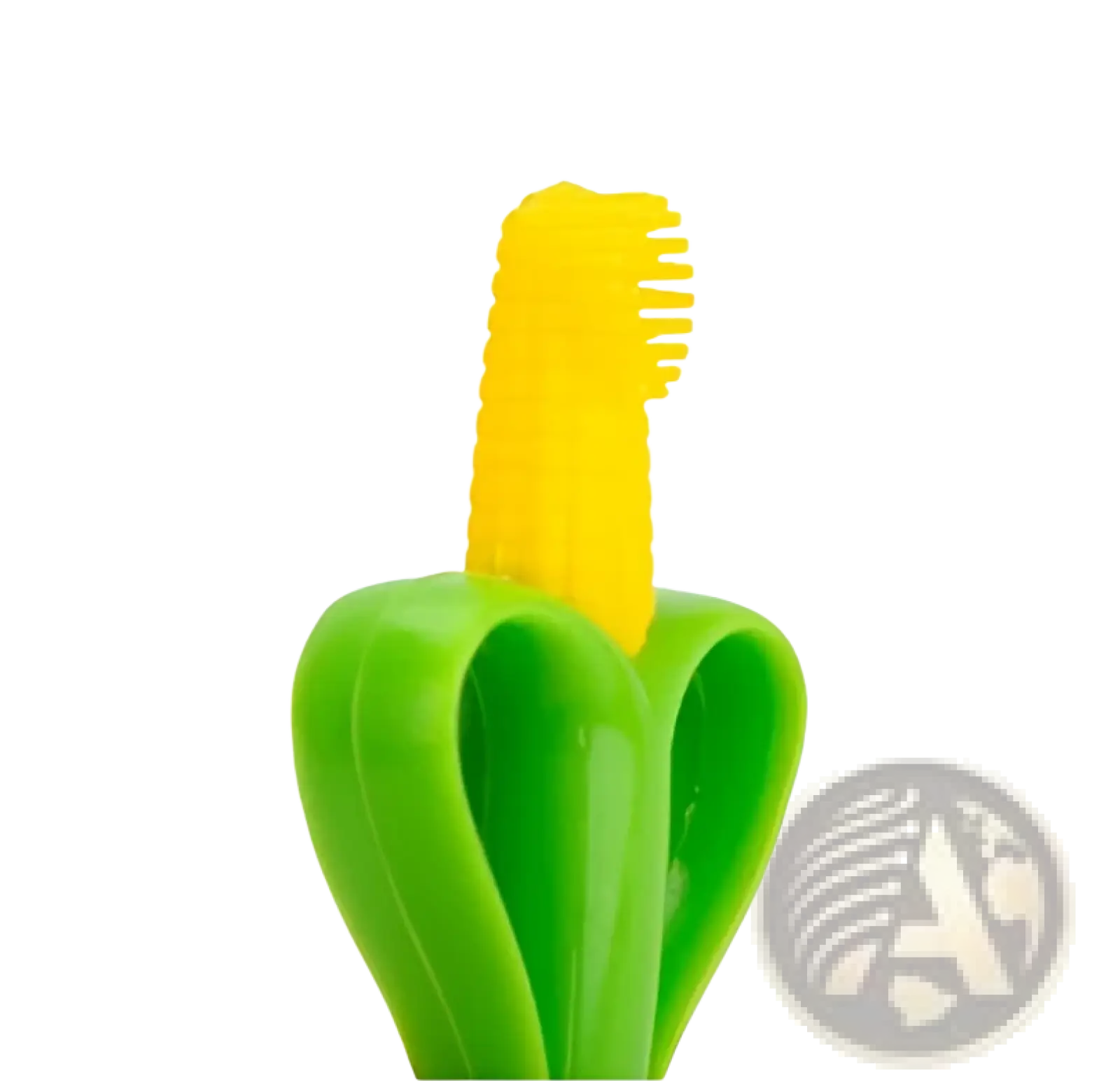 Bright yellow baby toothbrush with soft bristles in a green banana-shaped silicone holder for teething relief