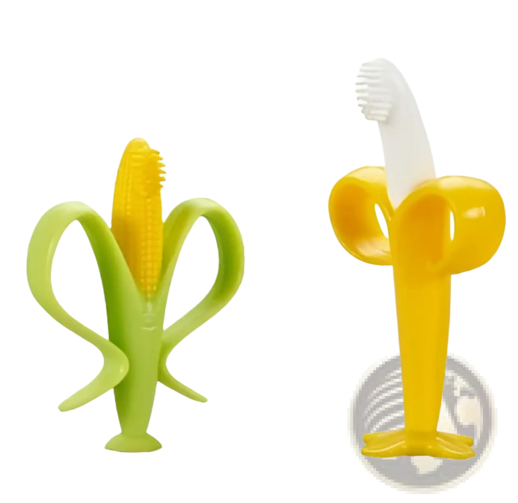 Two banana-shaped silicone baby teether toothbrush toys in green with yellow center and solid yellow for teething relief