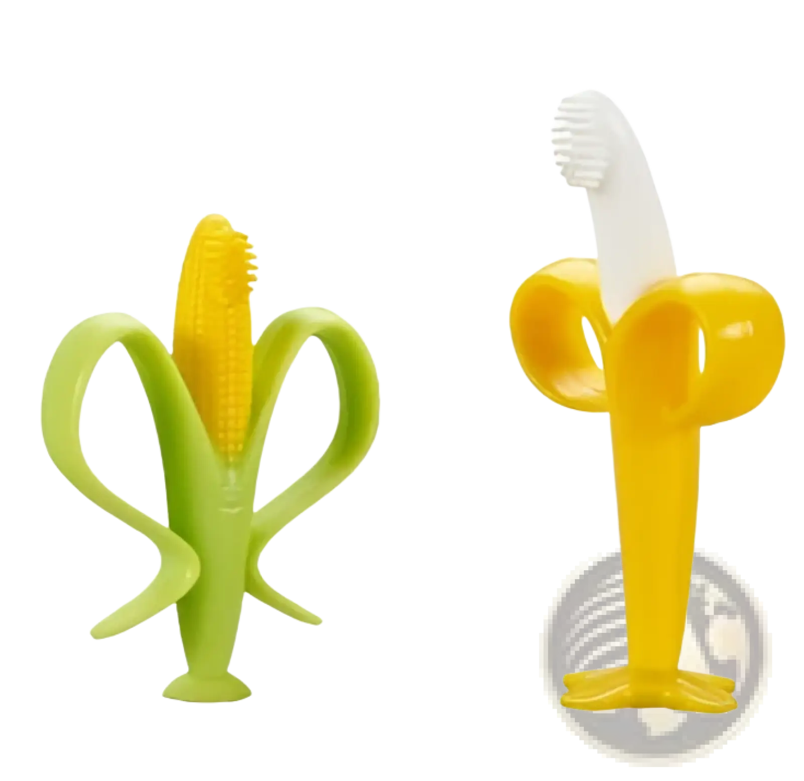 Two banana-shaped silicone baby teether toothbrush toys in green with yellow center and solid yellow for teething relief