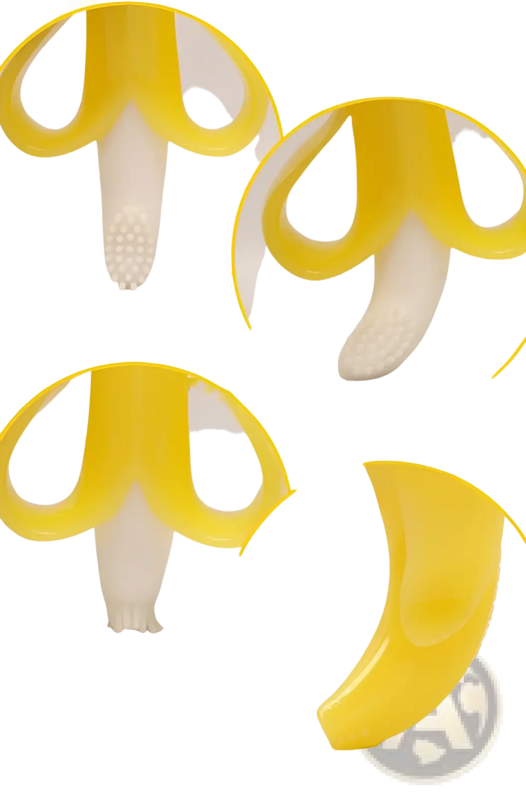 Yellow banana teether silicone baby toothbrush toy with white textured interior made of soft silicone material