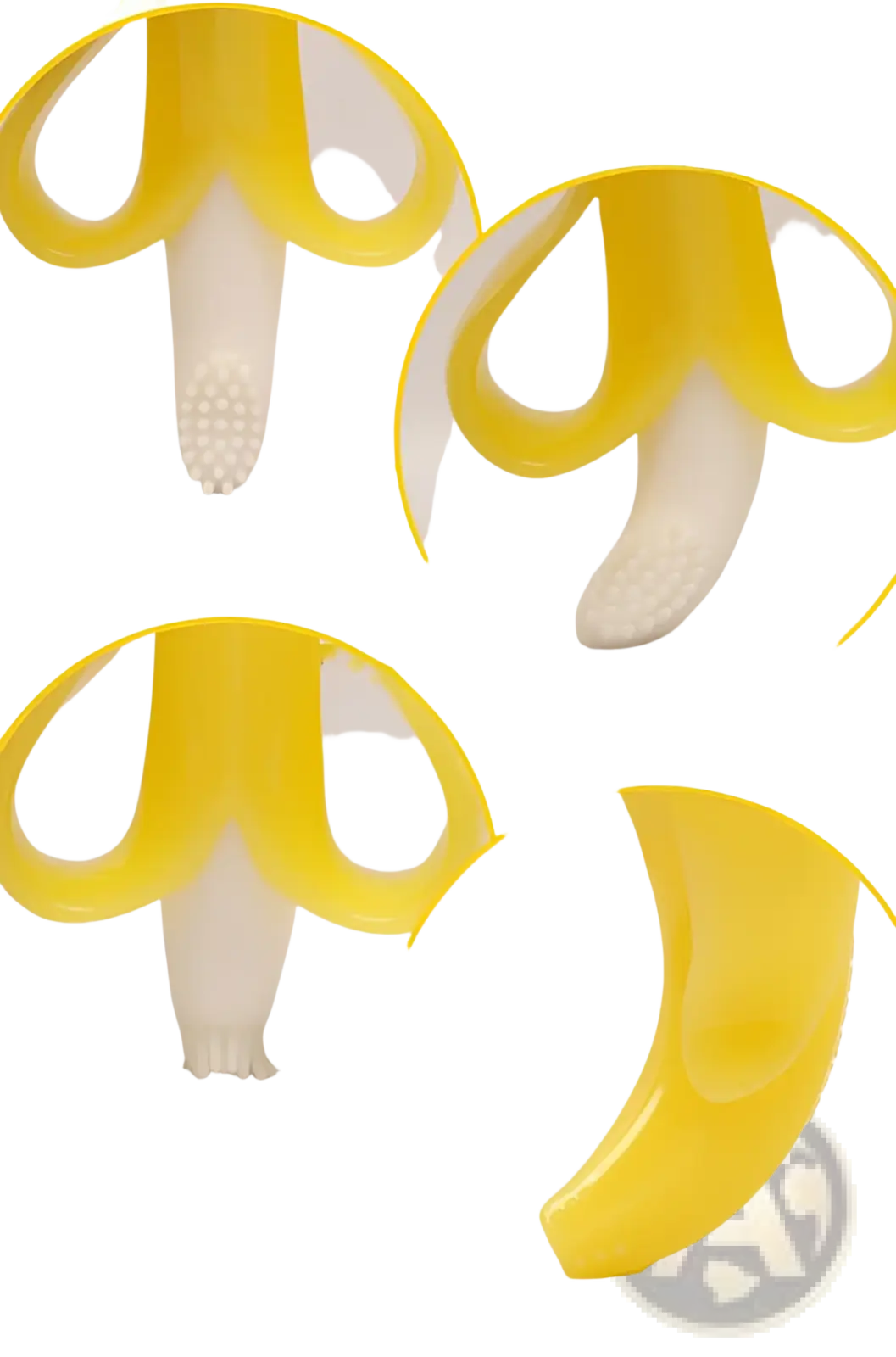 Yellow banana teether silicone baby toothbrush toy with white textured interior made of soft silicone material