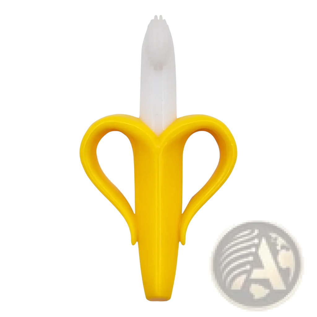 Yellow banana-shaped silicone baby teether with a white textured silicone tip for soothing gums and brushing teeth
