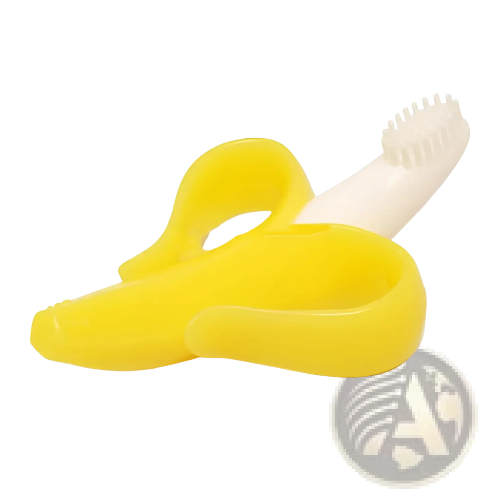 Yellow banana-shaped silicone baby toothbrush with white bristles for teething and oral care toy
