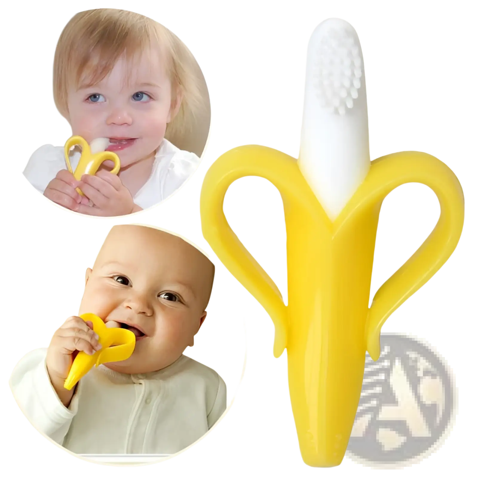 Yellow banana-shaped silicone teether baby toothbrush toy with a white brush-like tip for infant oral care