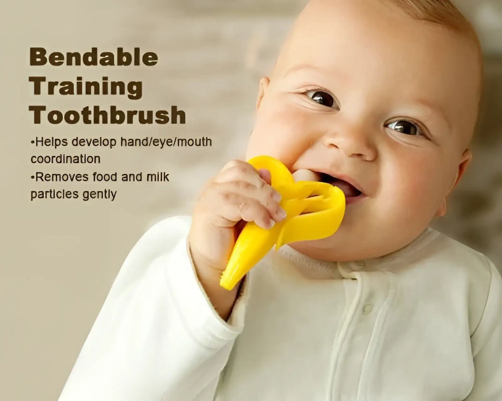 Yellow bendable silicone baby toothbrush toy shaped like a banana for training and teething purposes