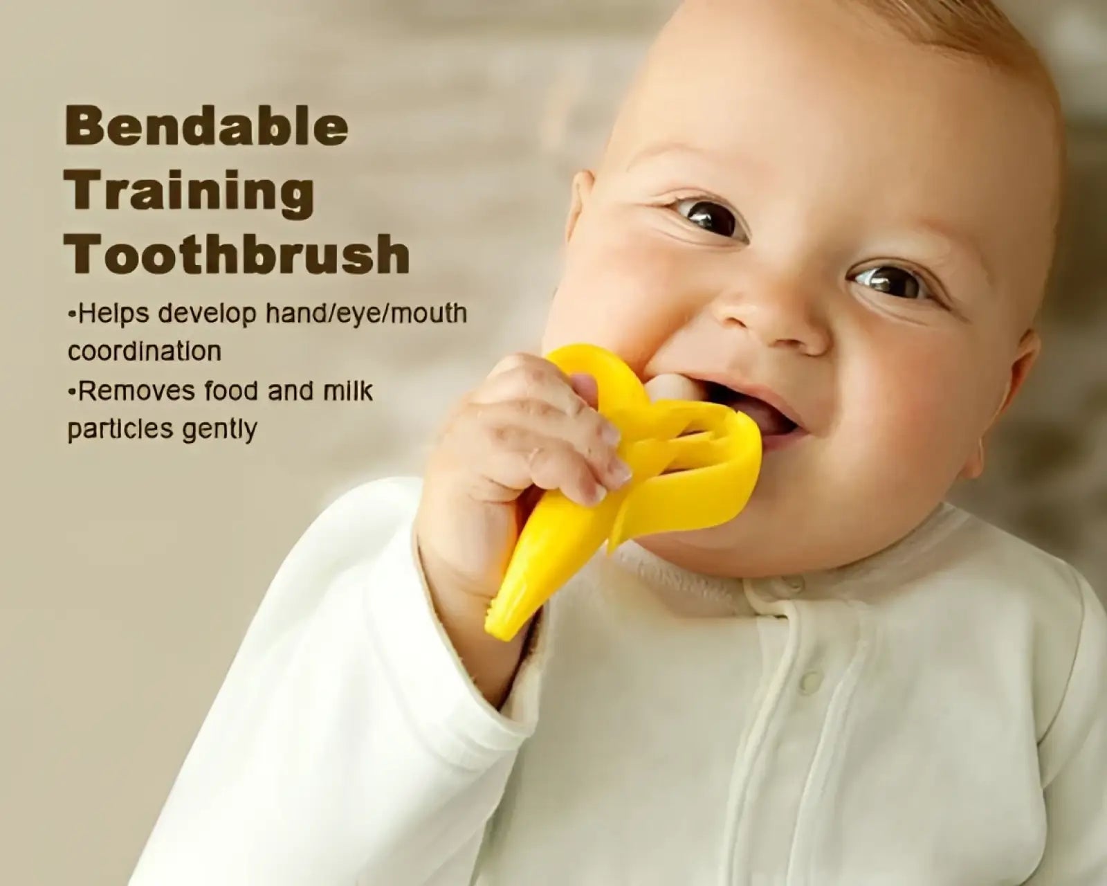 Yellow bendable silicone baby toothbrush toy shaped like a banana for training and teething purposes