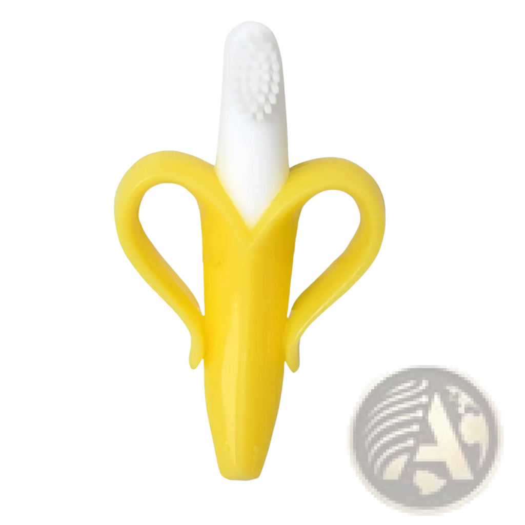 Yellow silicone banana teether baby toothbrush toy with white bristled tip for infant dental care