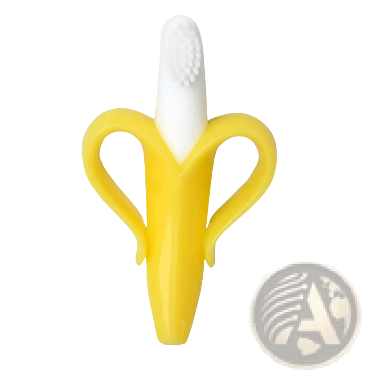 Yellow silicone banana teether baby toothbrush toy with white bristled tip for infant dental care