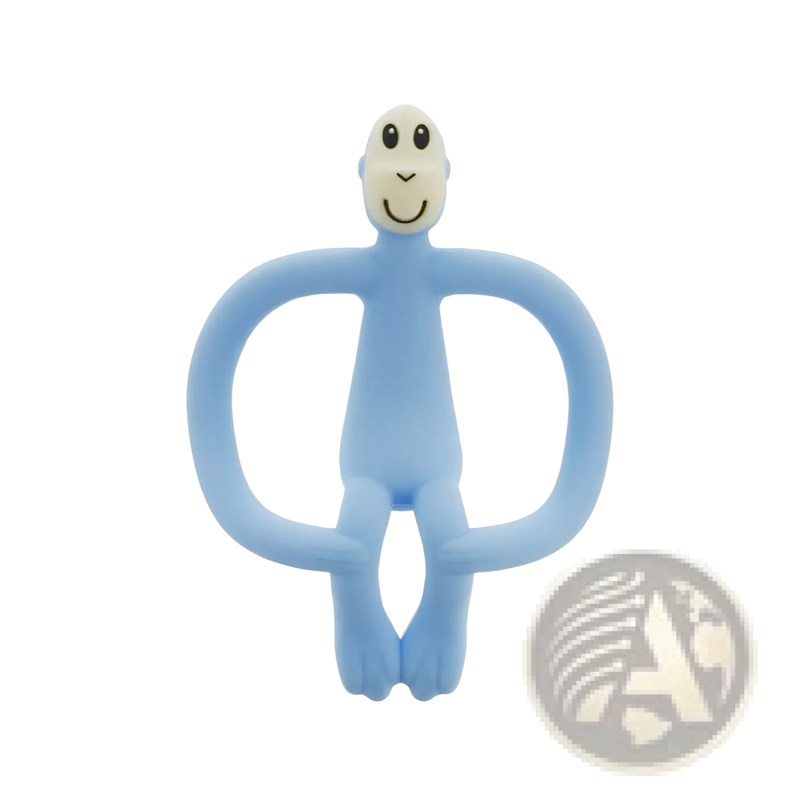 Blue silicone monkey teething toy with a smiling face for gentle baby gum relief in banana teether toothbrush design