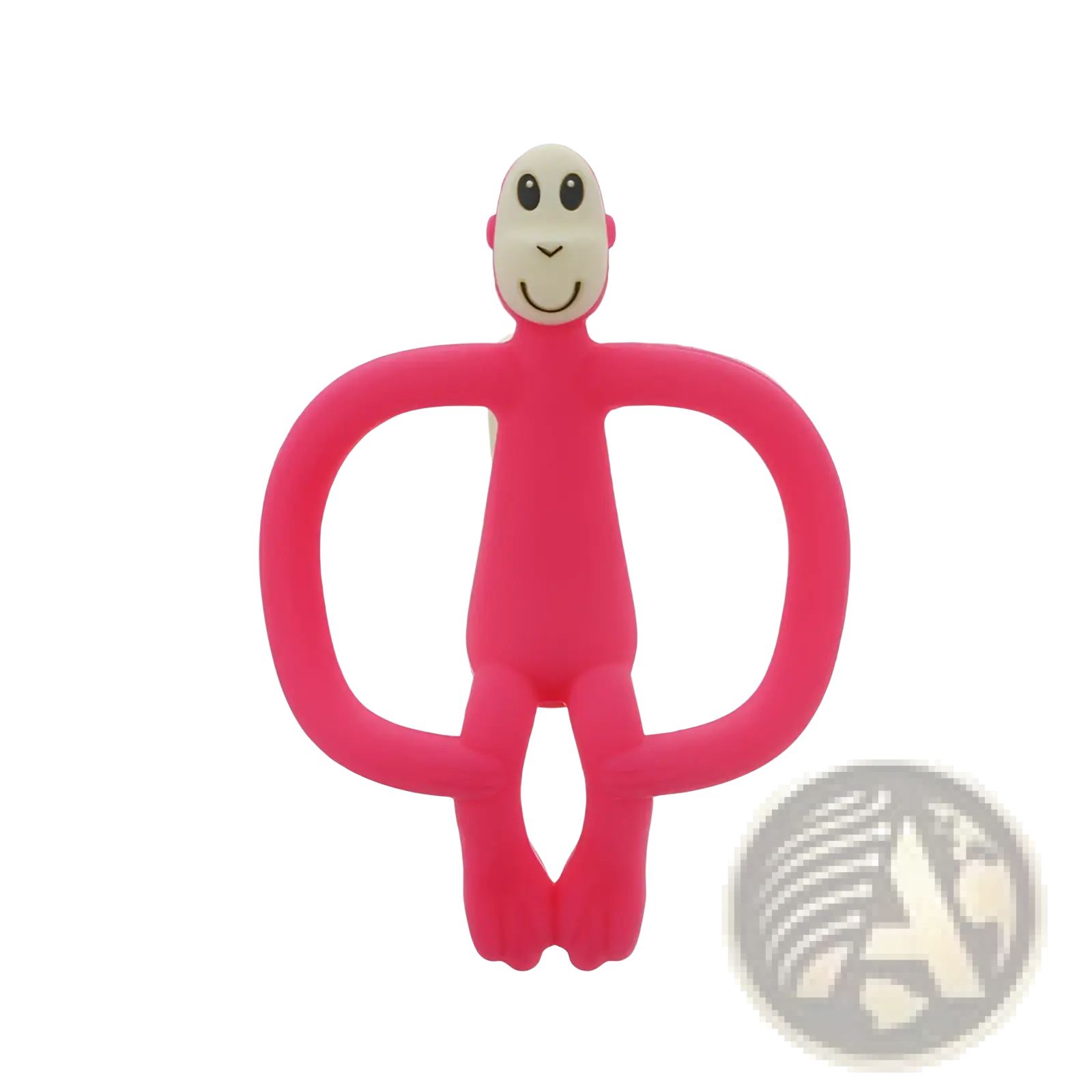 Pink silicone monkey teething toy with smiling face and jointed limbs for baby oral care and teething relief