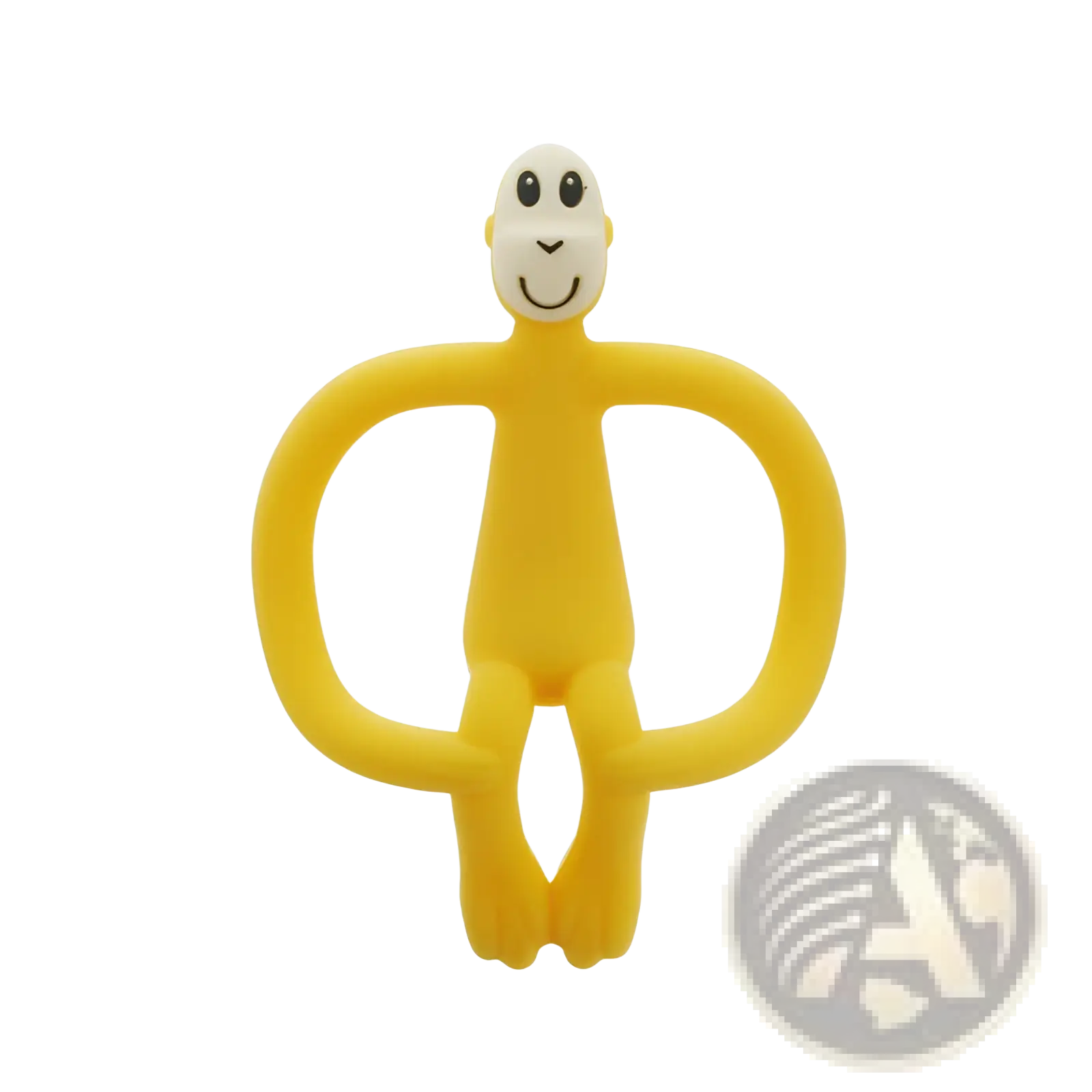 Yellow silicone monkey teething toy with white face and black smiley eyes for gentle baby gum relief