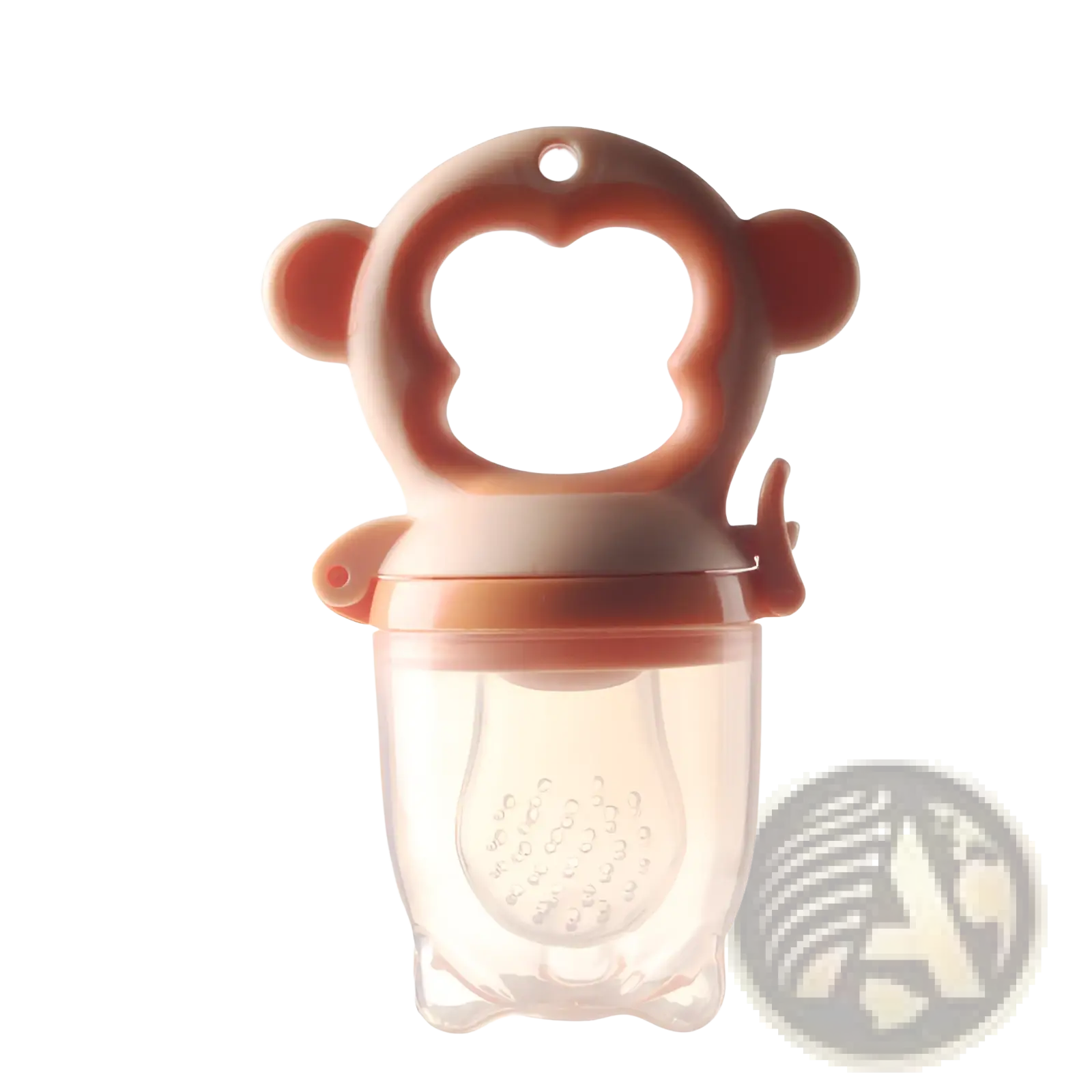 Pink silicone monkey-shaped baby food feeder with clear plastic container for banana teether and baby toothbrush toy use
