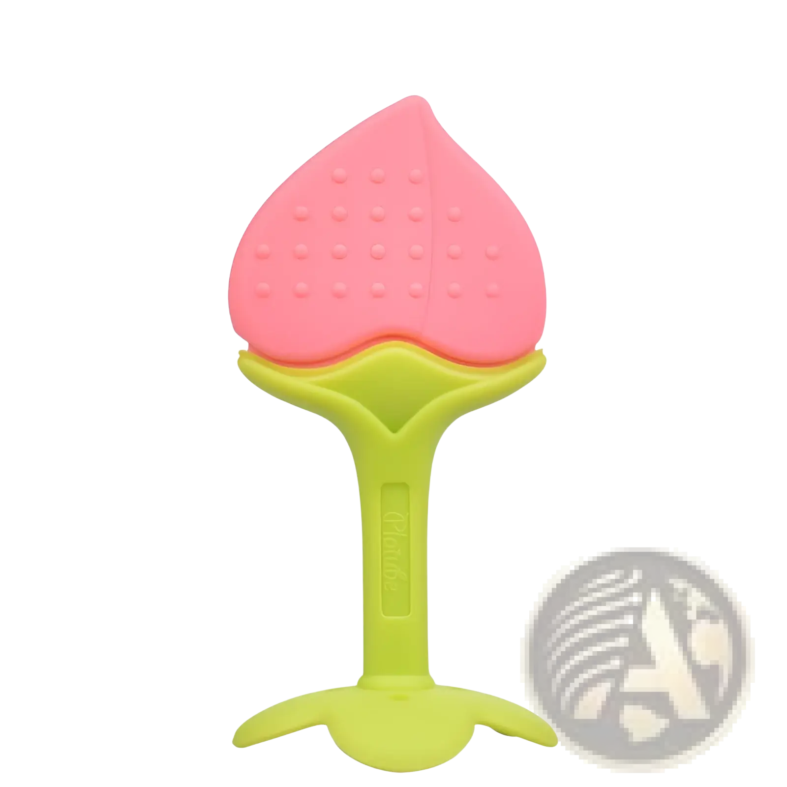 Pink and lime green silicone peach-shaped teething toy with textured surface for baby oral care and comfort