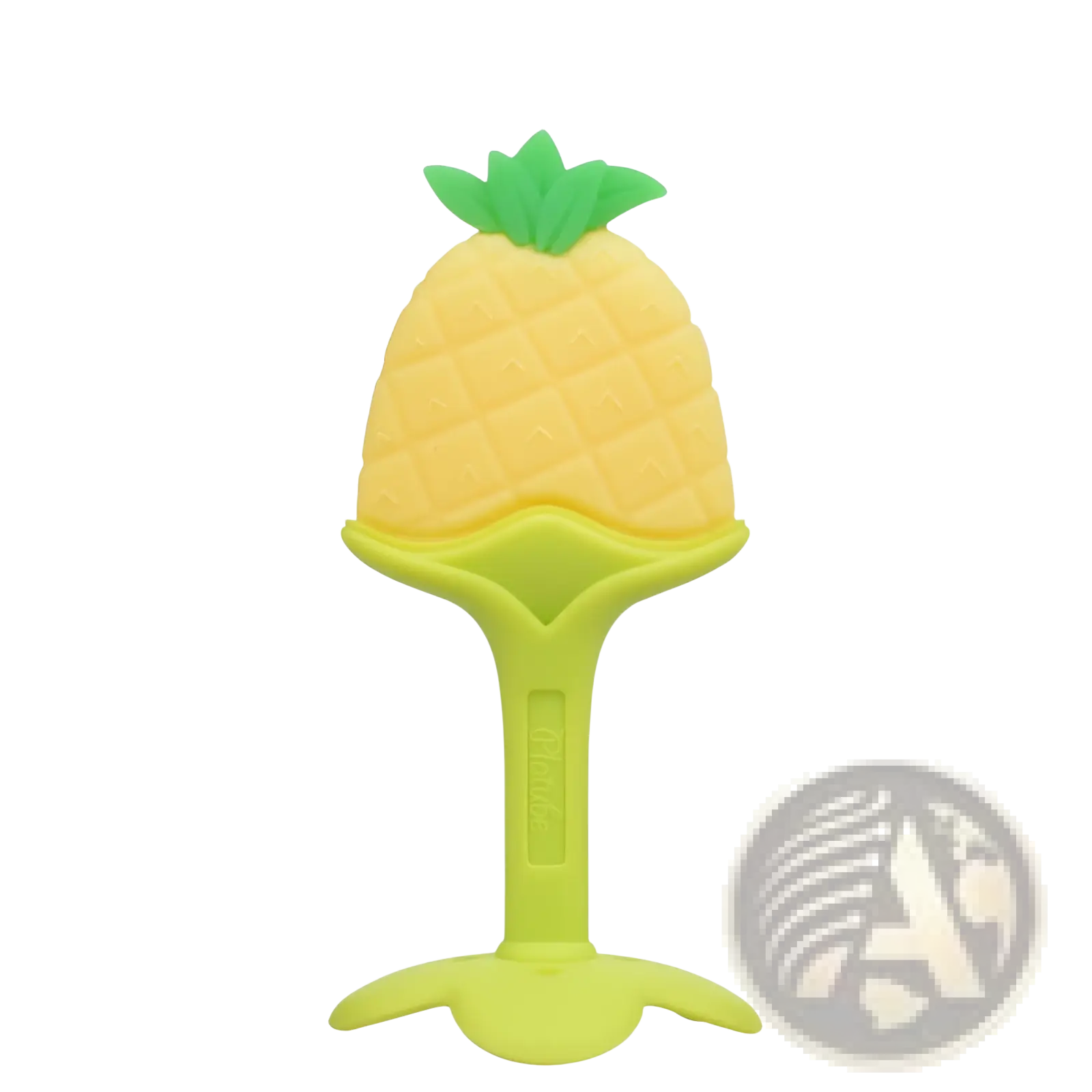 Yellow pineapple-shaped silicone teether with green leafy top and stem for baby oral care and soothing gums