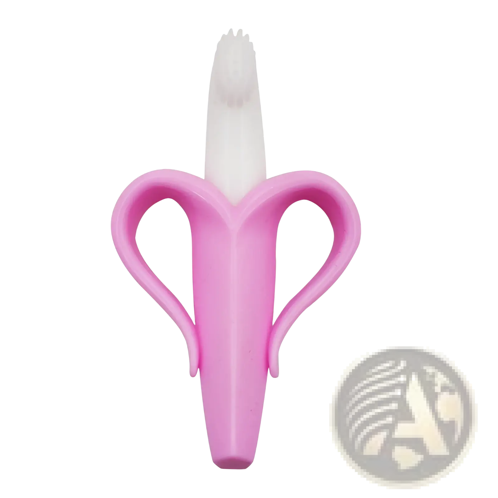 Pink silicone banana teether baby toothbrush toy with white bristles for safe infant dental care and teething relief