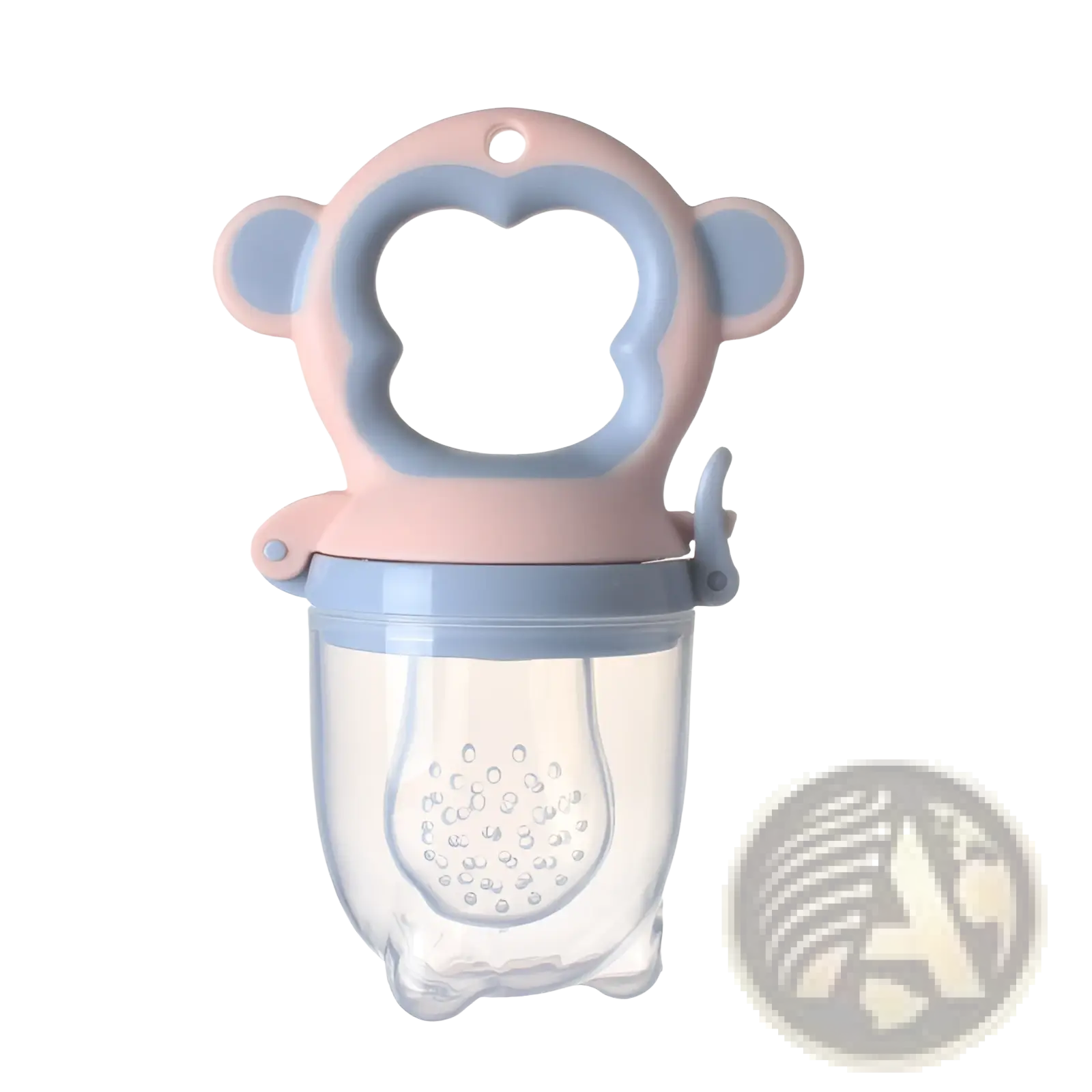 Banana teether silicone baby toothbrush toy featuring pink and blue monkey-shaped silicone feeder with clear container