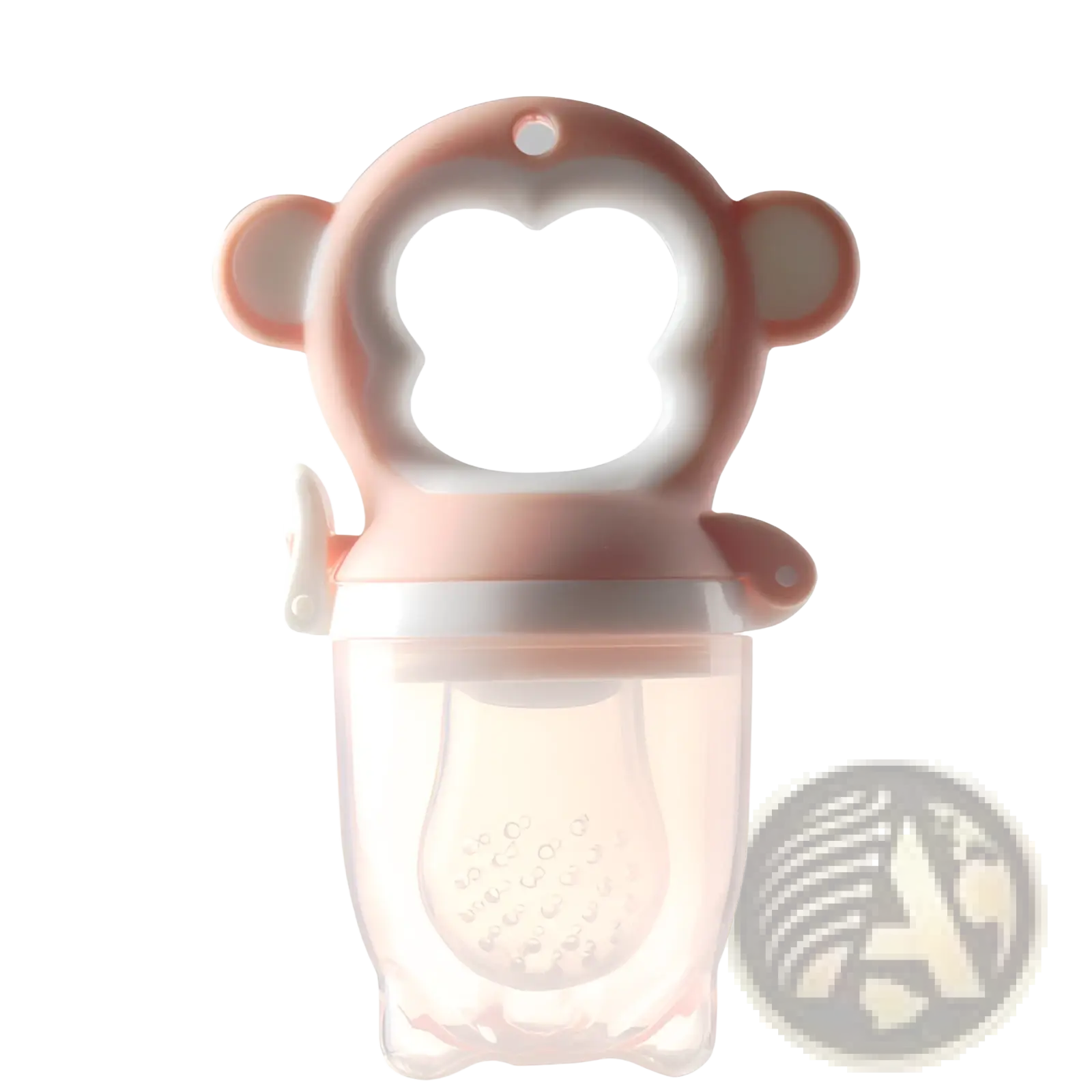 Pink silicone monkey shaped banana teether baby toothbrush toy with clear plastic container and textured bottom for feeding