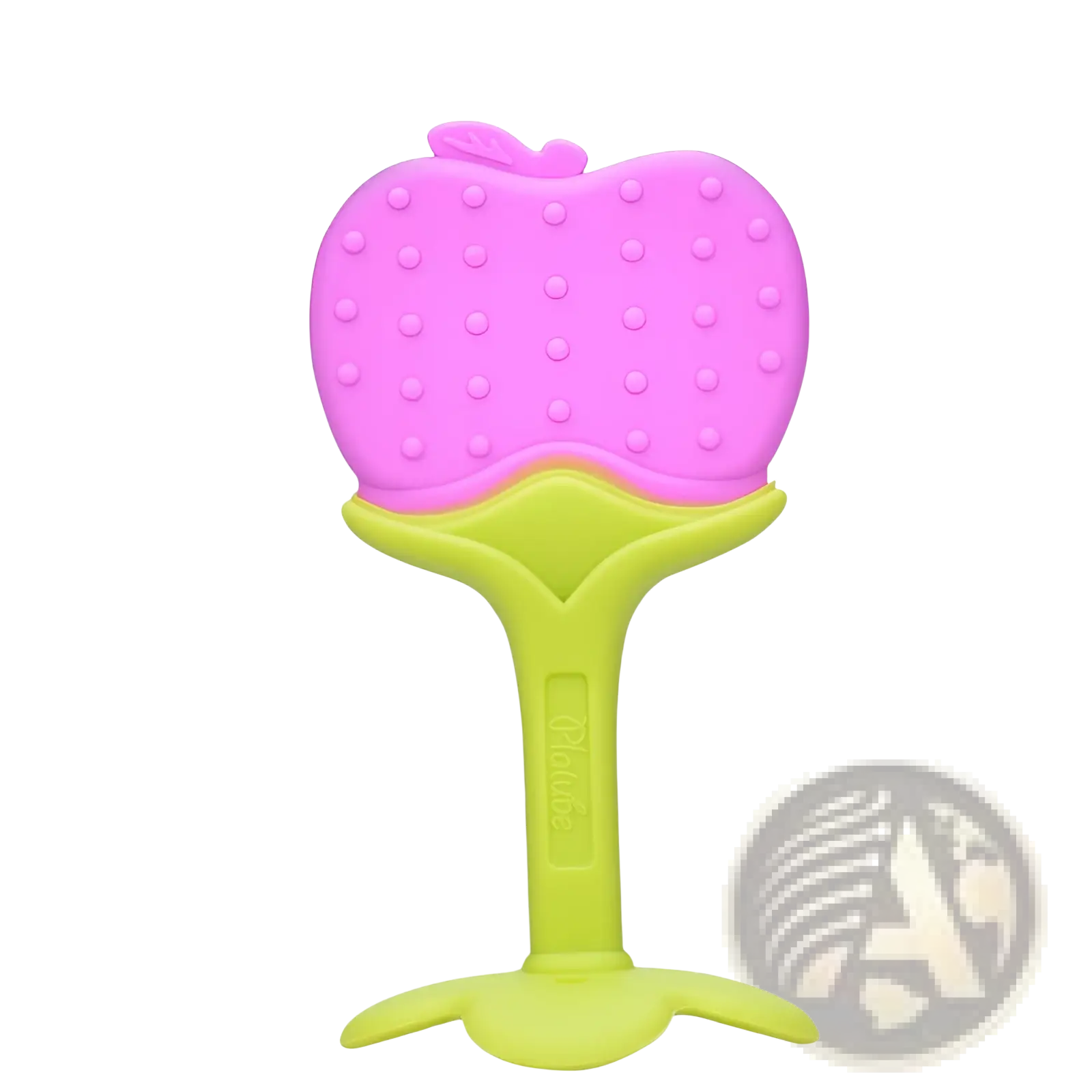 Pink and lime green silicone apple-shaped teething toy with textured surface for baby oral care and soothing gums
