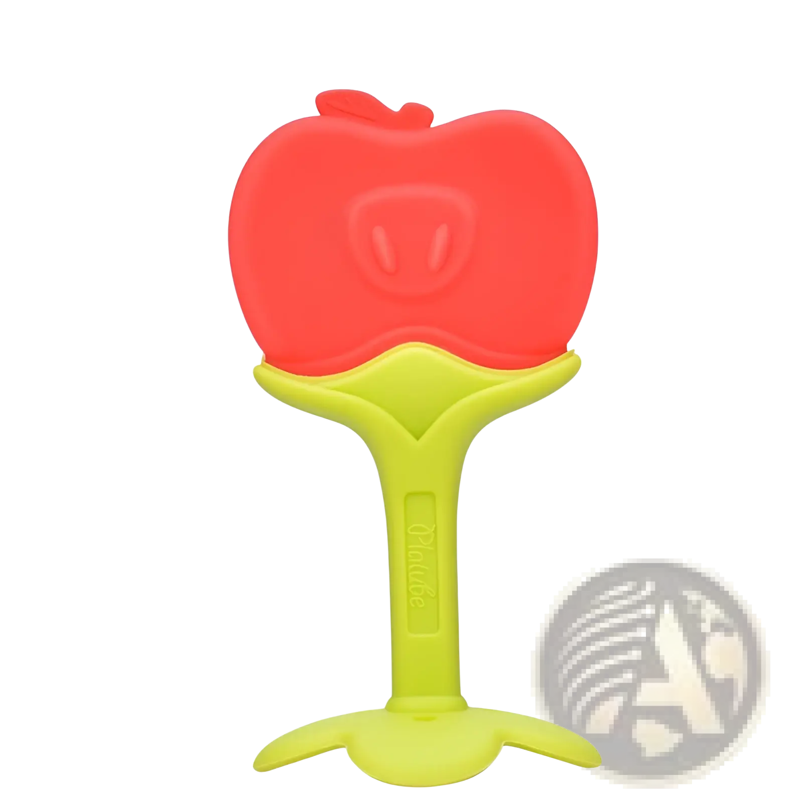 Bright red silicone apple shaped teether with lime green stem and leaf base for baby tooth brushing and chewing