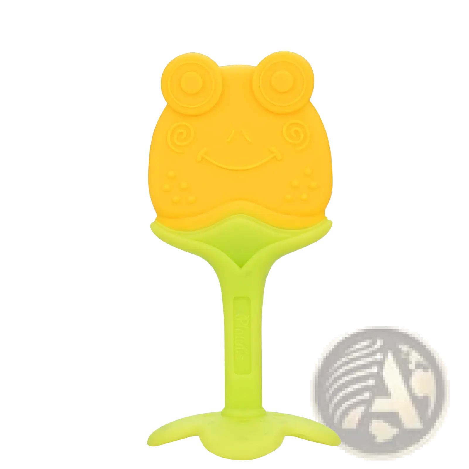 Bright yellow and lime green silicone frog-shaped banana teether with textured patterns for baby teeth cleaning