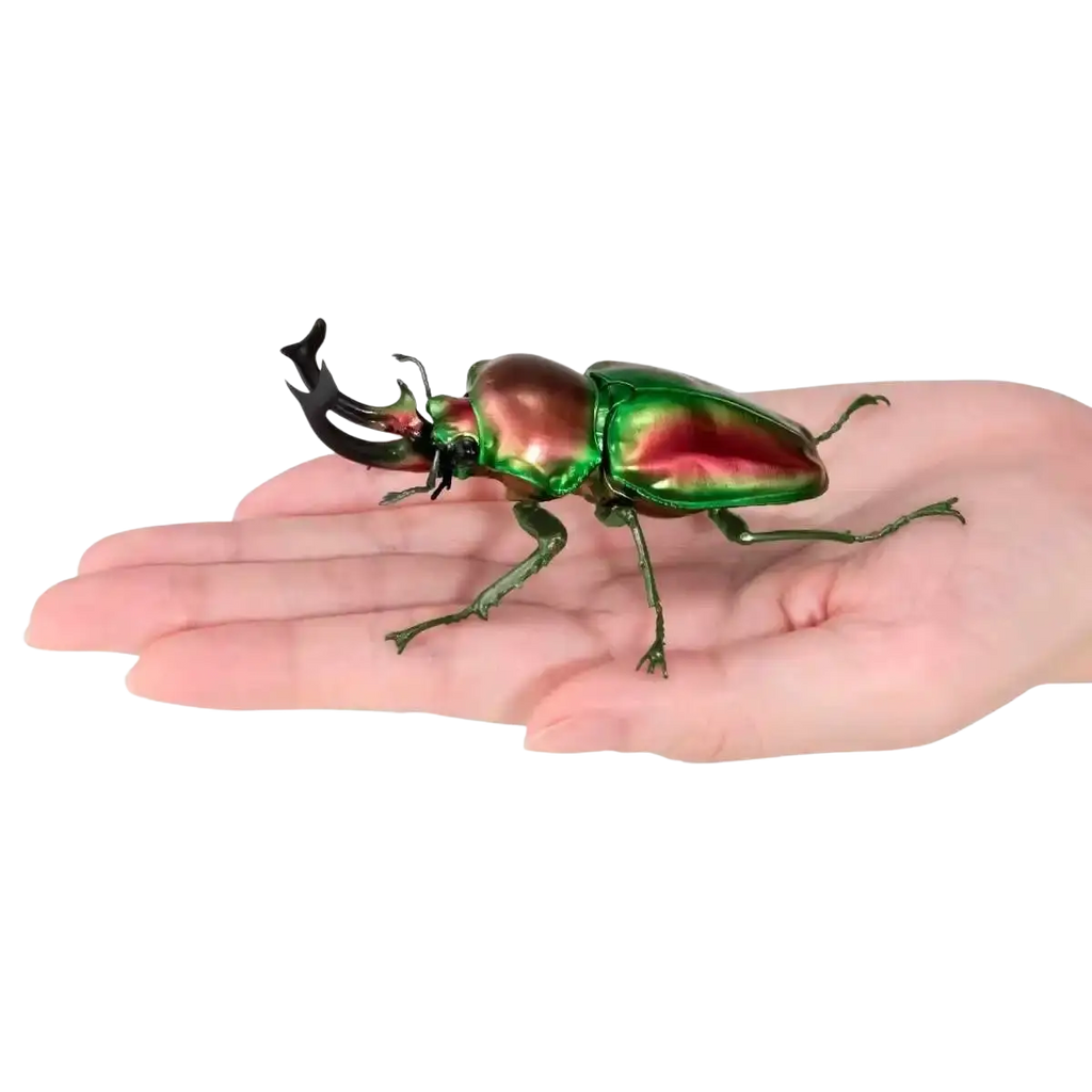 Bandai stag beetle finished goods model toy featuring a glossy iridescent green and copper figurine with black antlers