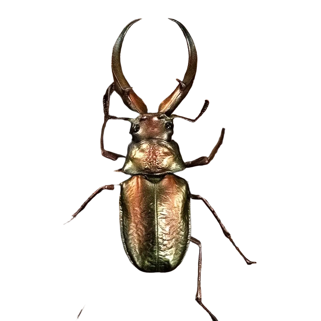 Bandai stag beetle finished goods model toy featuring a metallic green and bronze beetle with curved horns on tree bark