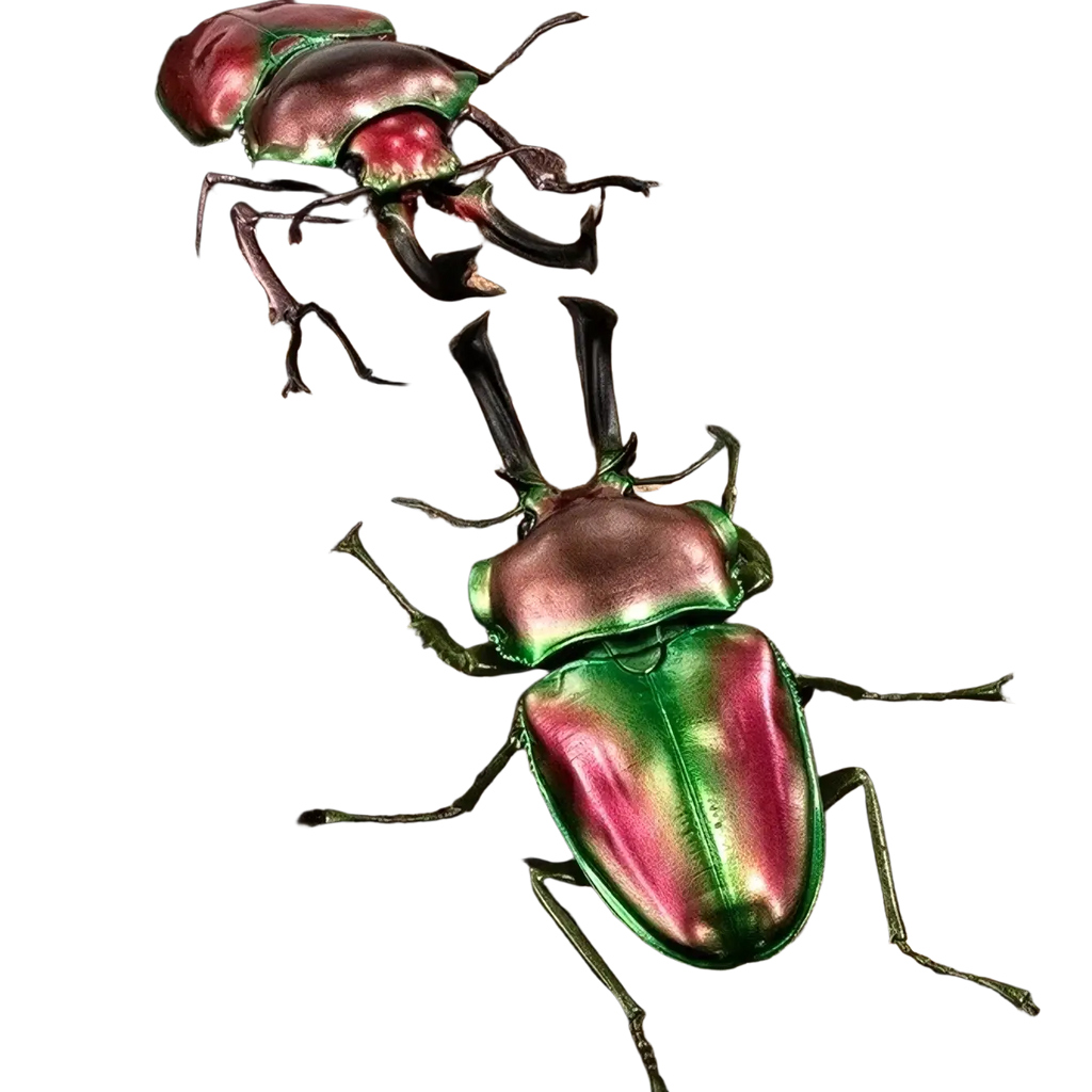 Shiny iridescent green and pink bandai stag beetle finished goods model toy with metallic exoskeleton resting on bark