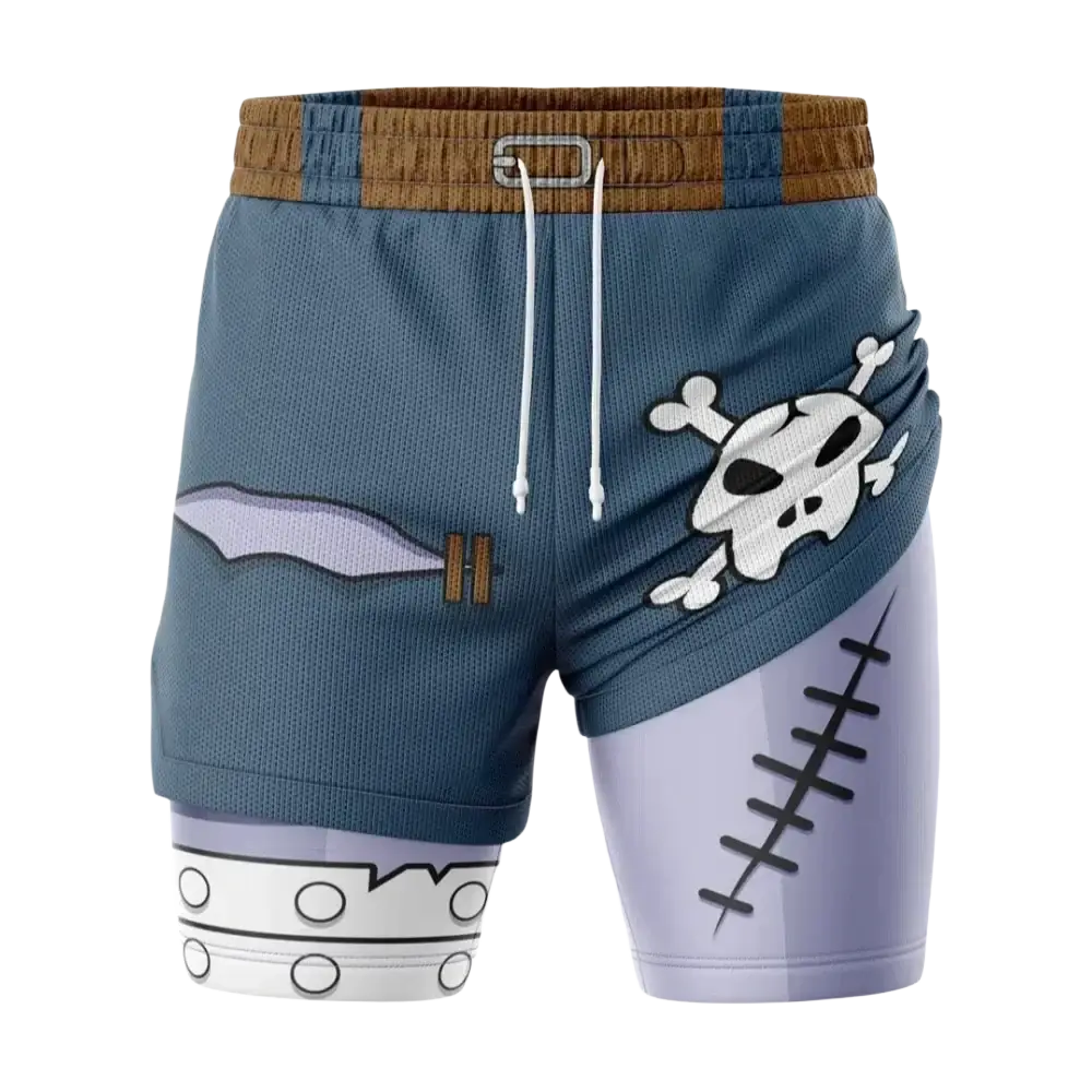 Blue and lavender two-tone bandai weregarurumon digimon gym shorts with pirate skull design and embroidered sword detail