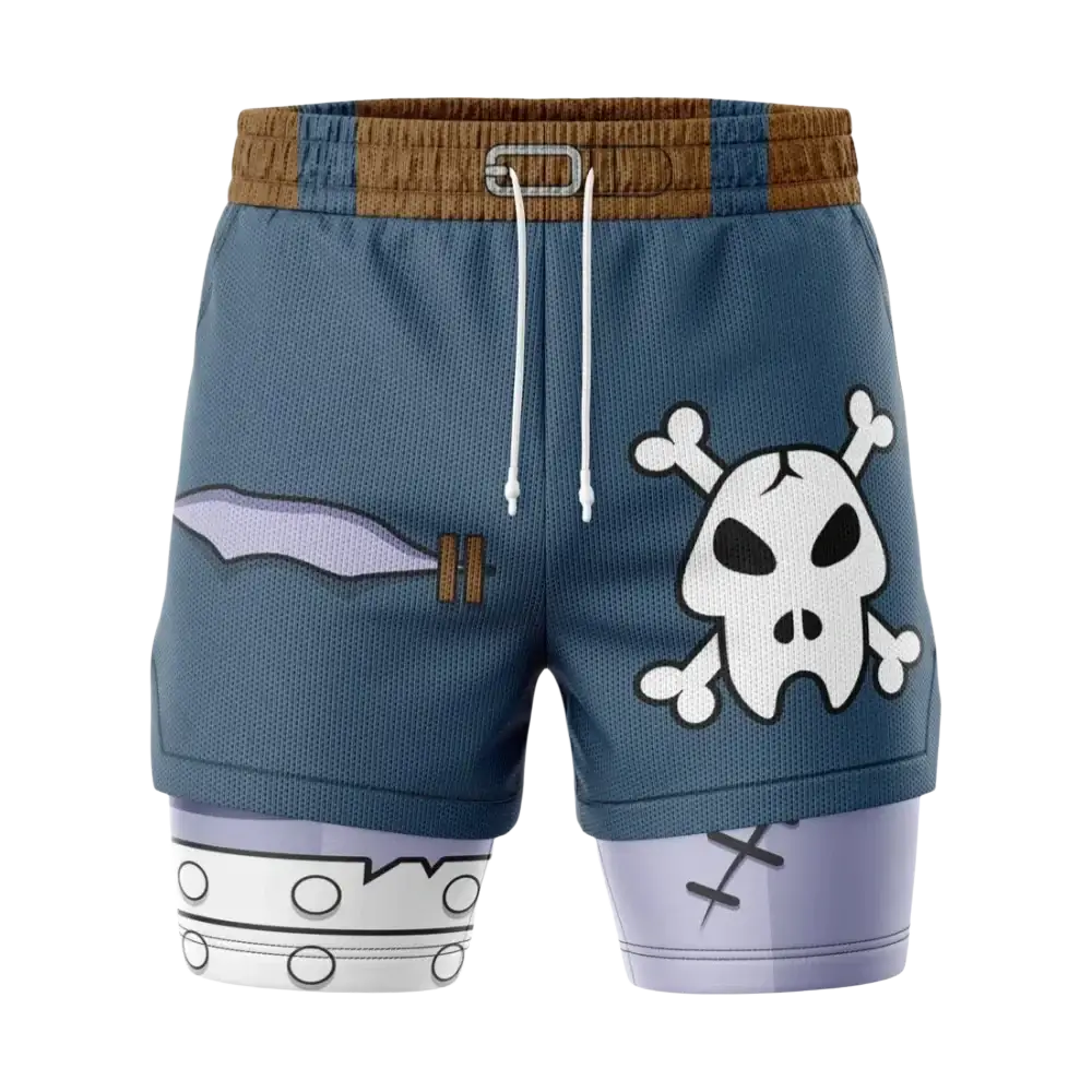 Blue Bandai Weregarurumon Digimon gym shorts with white skull graphic brown elastic waistband and purple inner lining