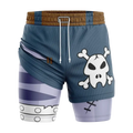 Bandai Weregarurumon Digimon gym shorts in blue and purple with white skull and crossbones and elastic waistband