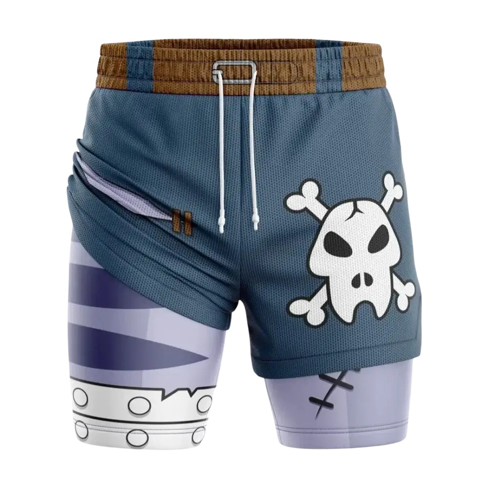 Bandai Weregarurumon Digimon gym shorts in blue and purple with white skull and crossbones and elastic waistband