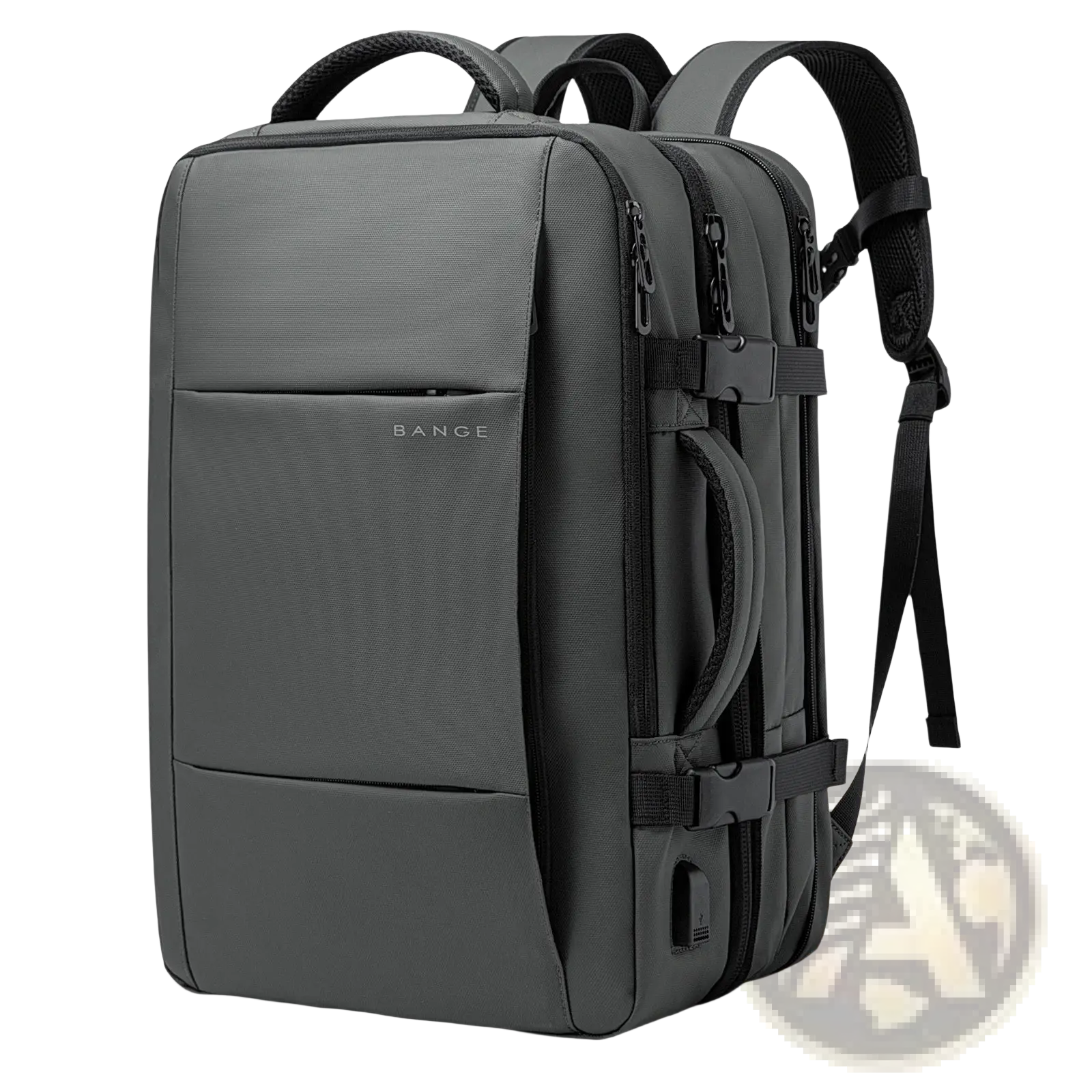 Dark gray bange 16 inch waterproof laptop travel backpack with black zippers and straps featuring a sleek modern design