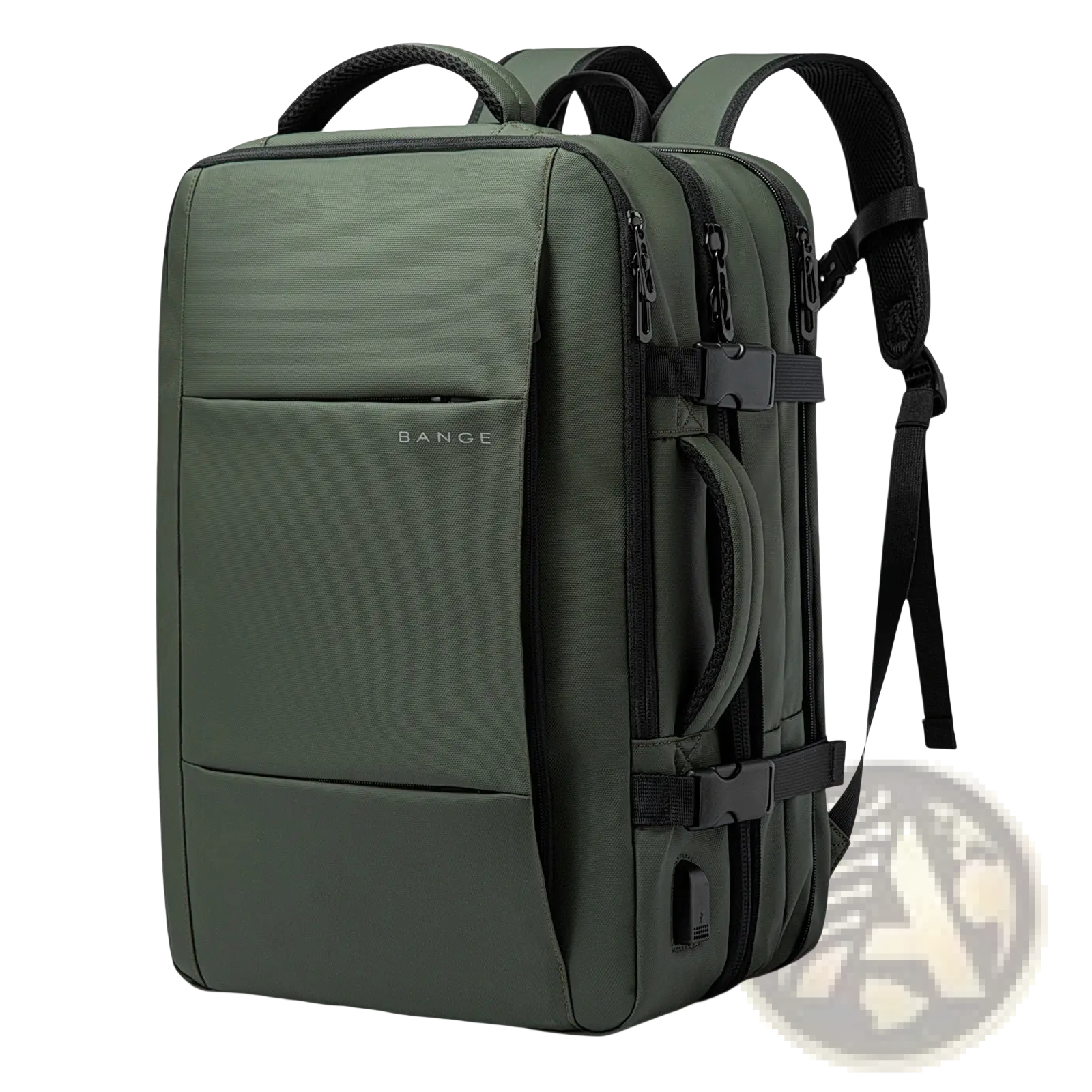 Olive green Bange 16 inch waterproof laptop travel backpack with black zippers straps and front logo pocket