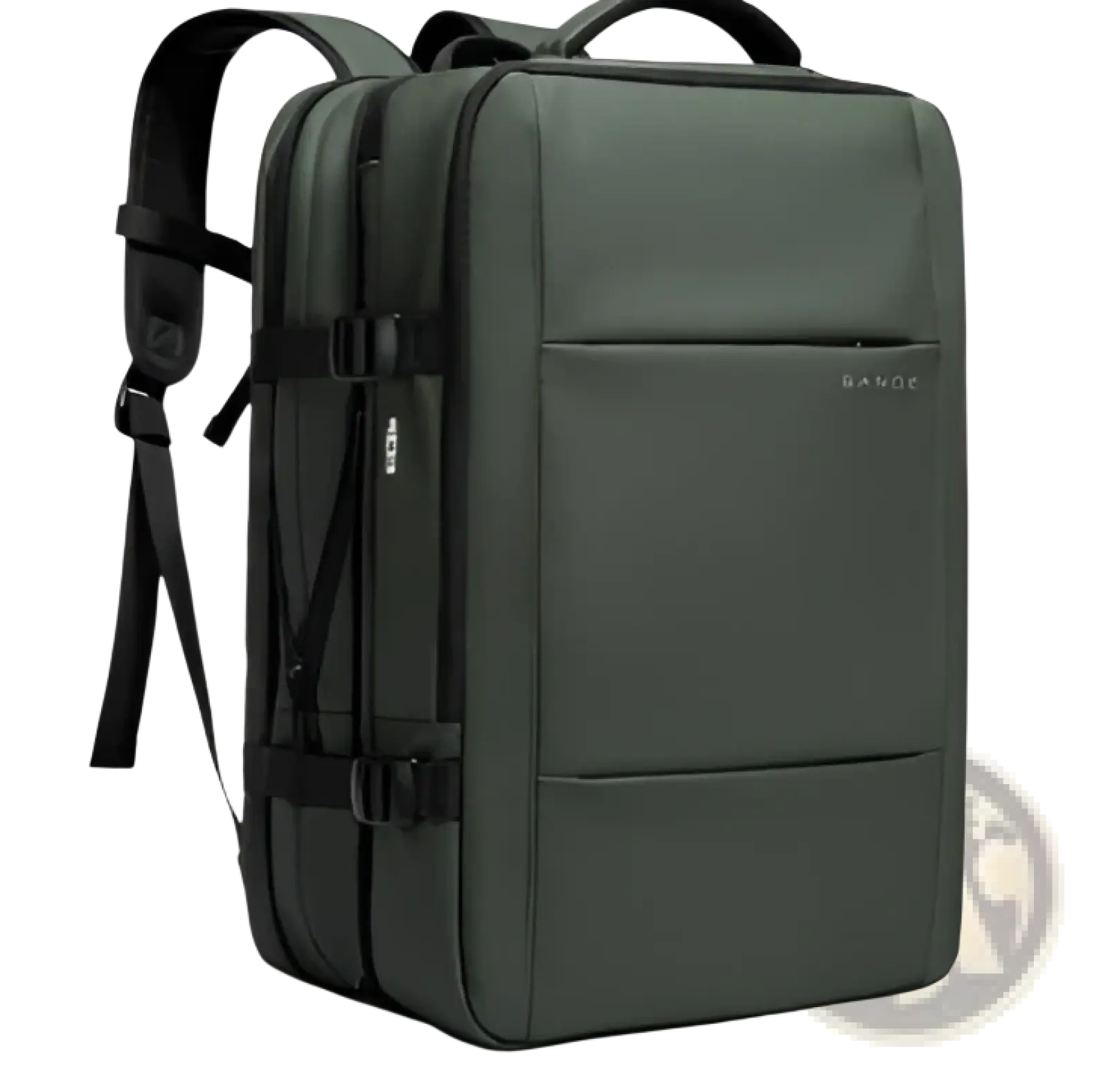 Dark olive green Bange 16 inch waterproof laptop travel backpack with black straps and zippers shown from the back side